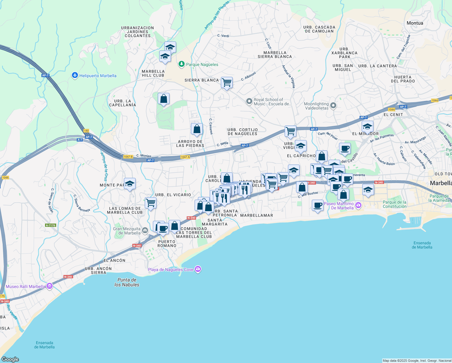 map of restaurants, bars, coffee shops, grocery stores, and more near 10 Calle Margarita in Marbella