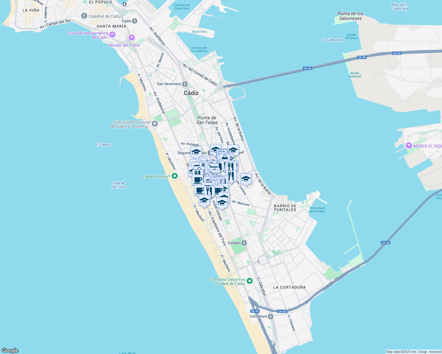 map of restaurants, bars, coffee shops, grocery stores, and more near 31 Calle Muñoz Seca in Cádiz