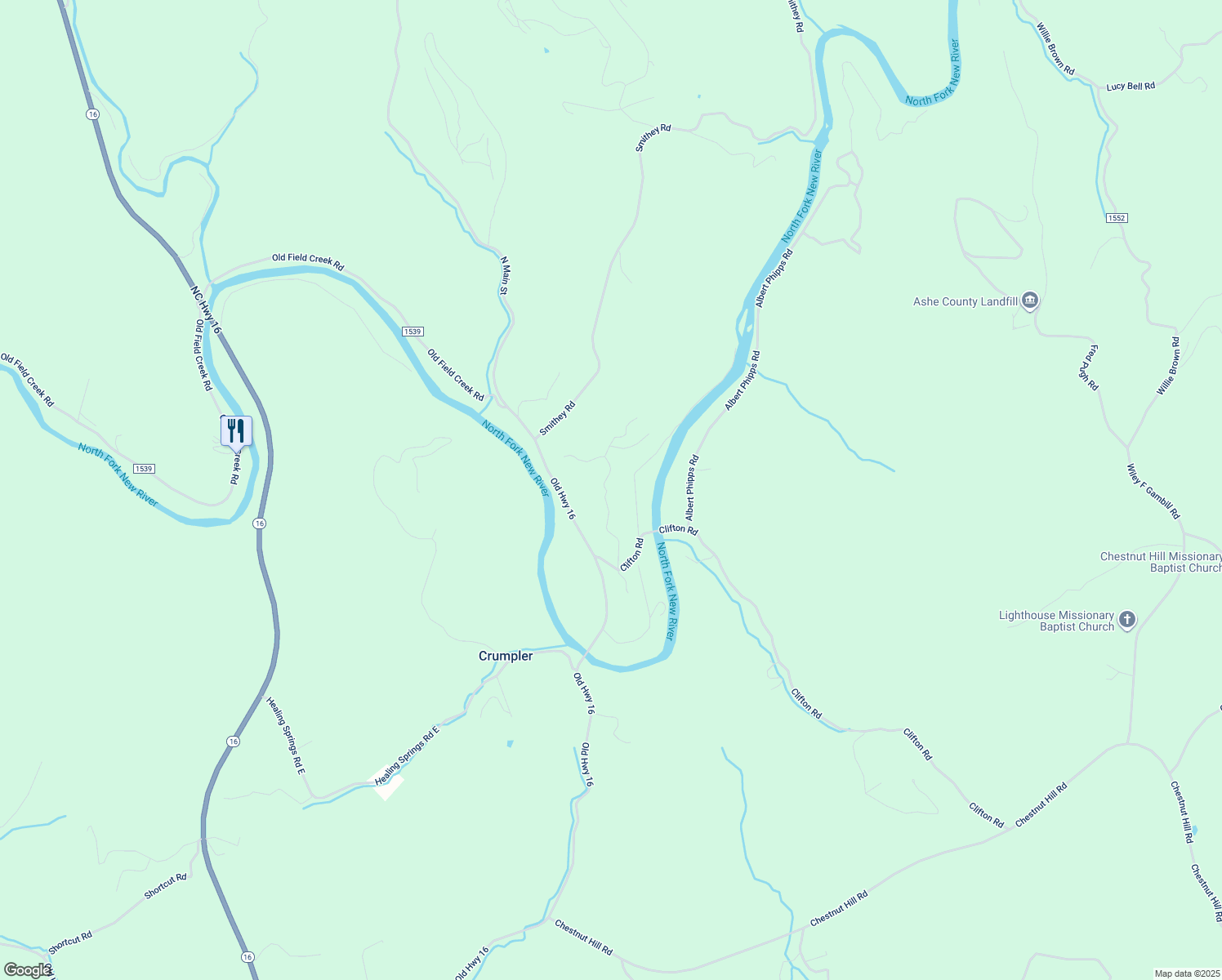 map of restaurants, bars, coffee shops, grocery stores, and more near 342 River Bend Hills Road in Crumpler