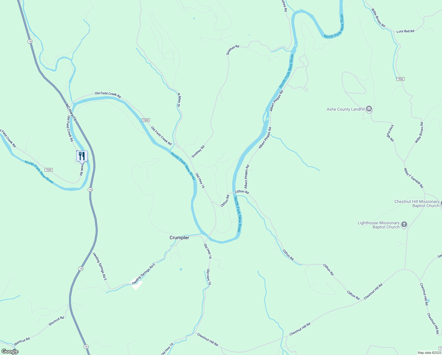 map of restaurants, bars, coffee shops, grocery stores, and more near 342 River Bend Hills Road in Crumpler
