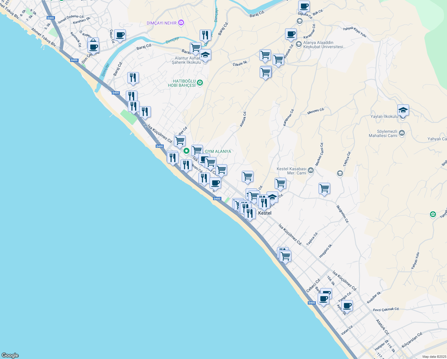 map of restaurants, bars, coffee shops, grocery stores, and more near Ptt Caddesi in Alanya