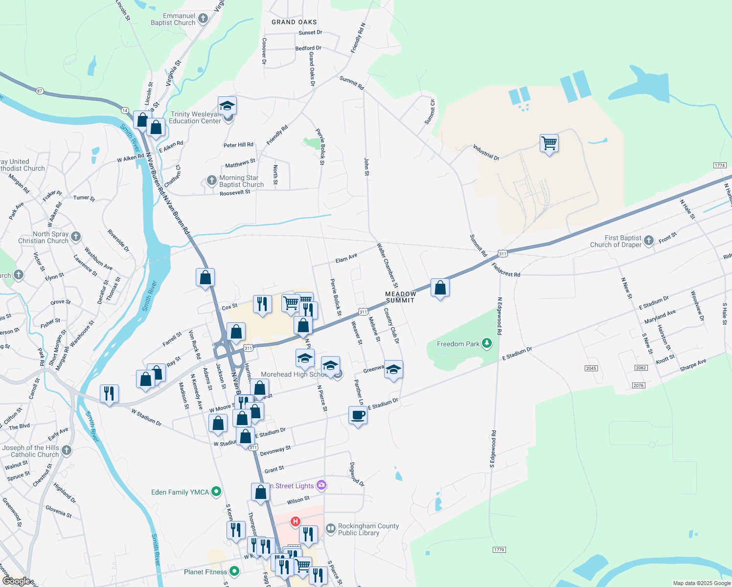 map of restaurants, bars, coffee shops, grocery stores, and more near 314 Meadowview Lane in Eden