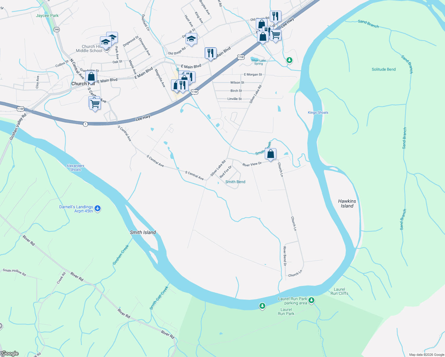 map of restaurants, bars, coffee shops, grocery stores, and more near 453 Red Fox Dr in Church Hill