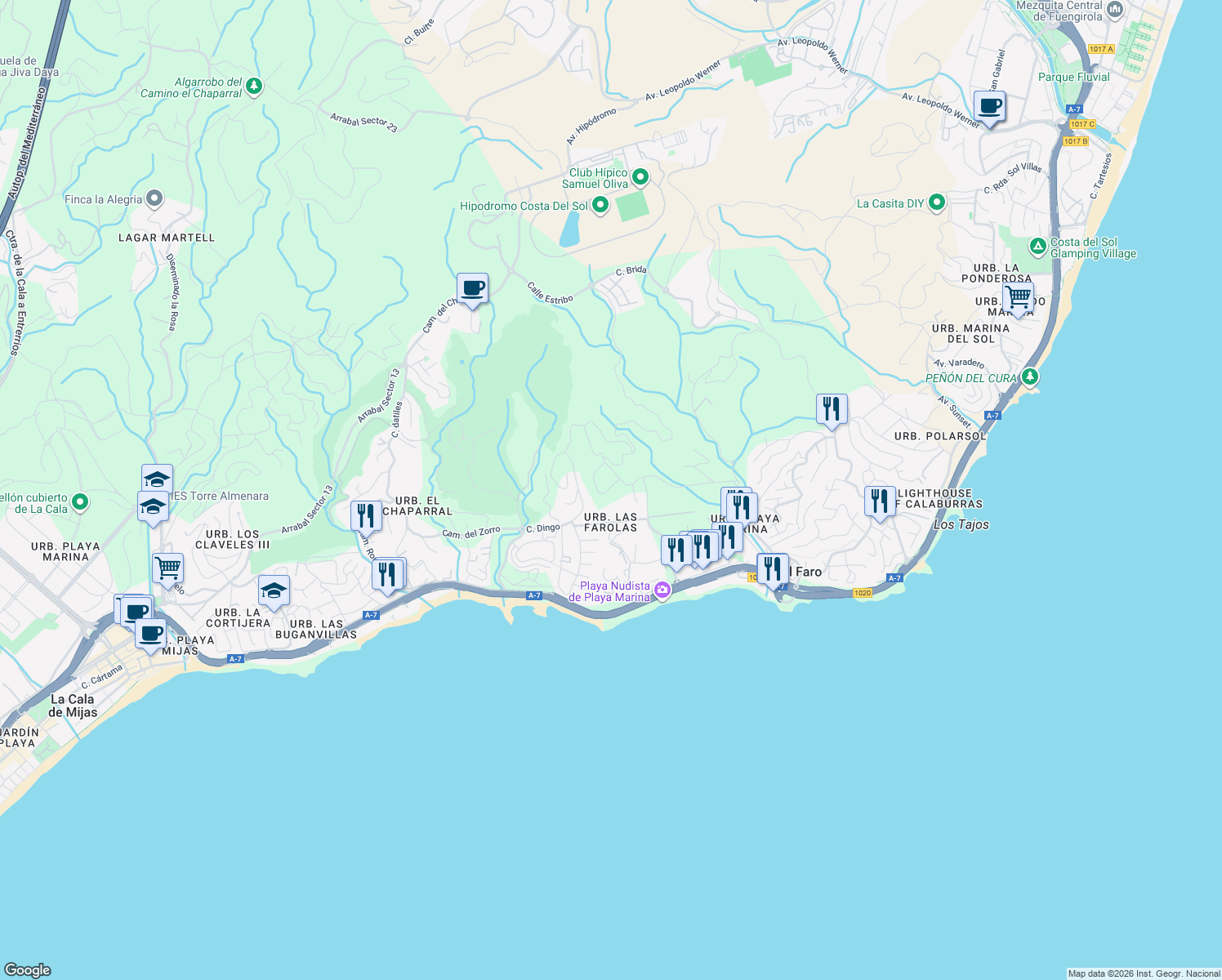 map of restaurants, bars, coffee shops, grocery stores, and more near 5 Urbanización Cosmópolis in Málaga