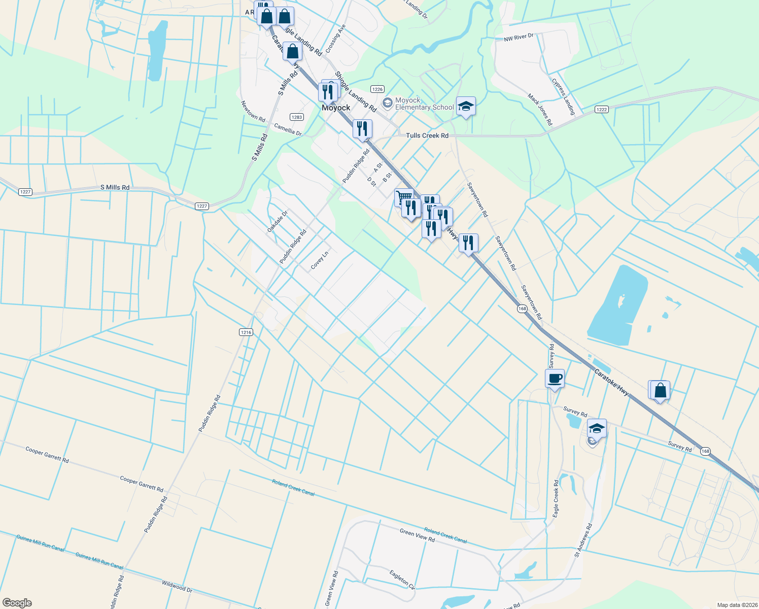 map of restaurants, bars, coffee shops, grocery stores, and more near 109 Alder Lane in Moyock