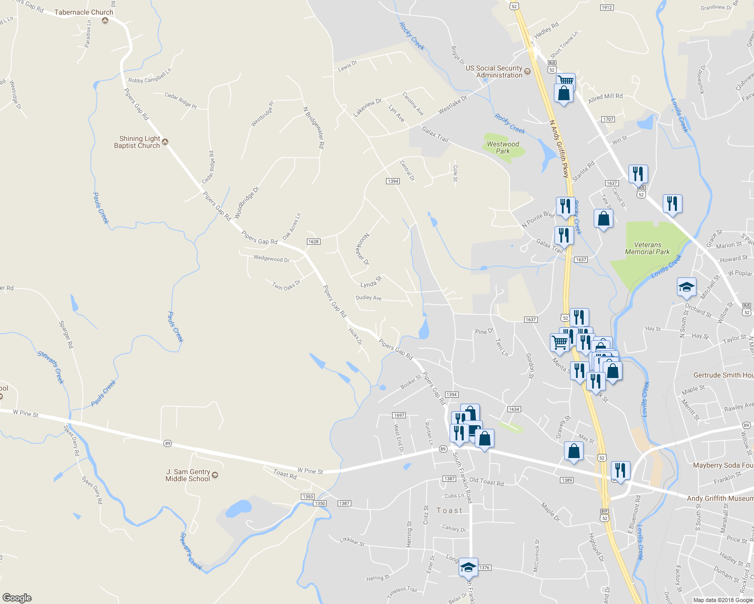 map of restaurants, bars, coffee shops, grocery stores, and more near 275 Dudley Avenue in Mount Airy