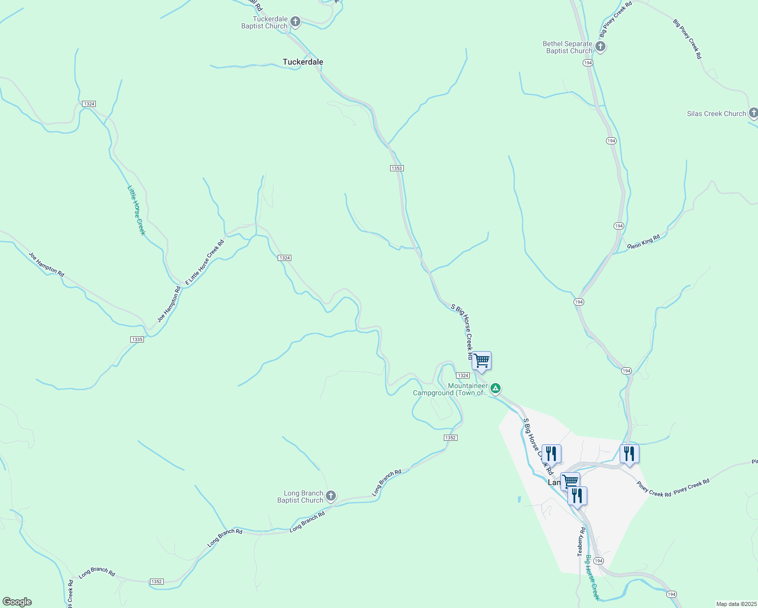 map of restaurants, bars, coffee shops, grocery stores, and more near 990 East Little Horse Creek Road in Lansing