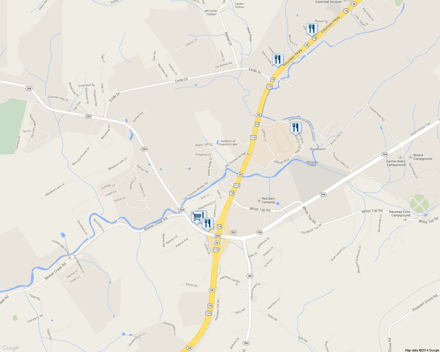 map of restaurants, bars, coffee shops, grocery stores, and more near 223 Old Thomas Bridge Rd in Bluff City