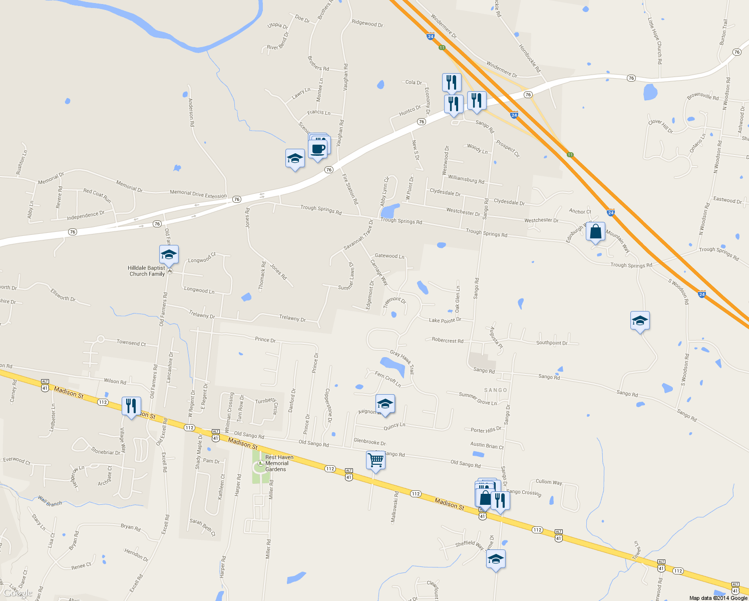 map of restaurants, bars, coffee shops, grocery stores, and more near 2998 Edgemont Dr in Clarksville