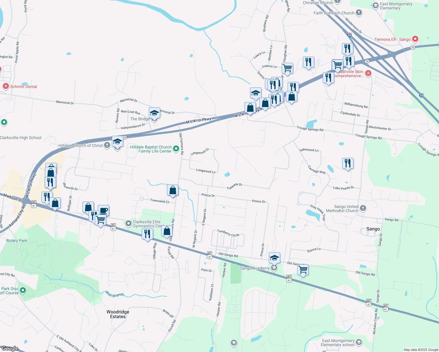 map of restaurants, bars, coffee shops, grocery stores, and more near 228 Longwood Lane in Clarksville