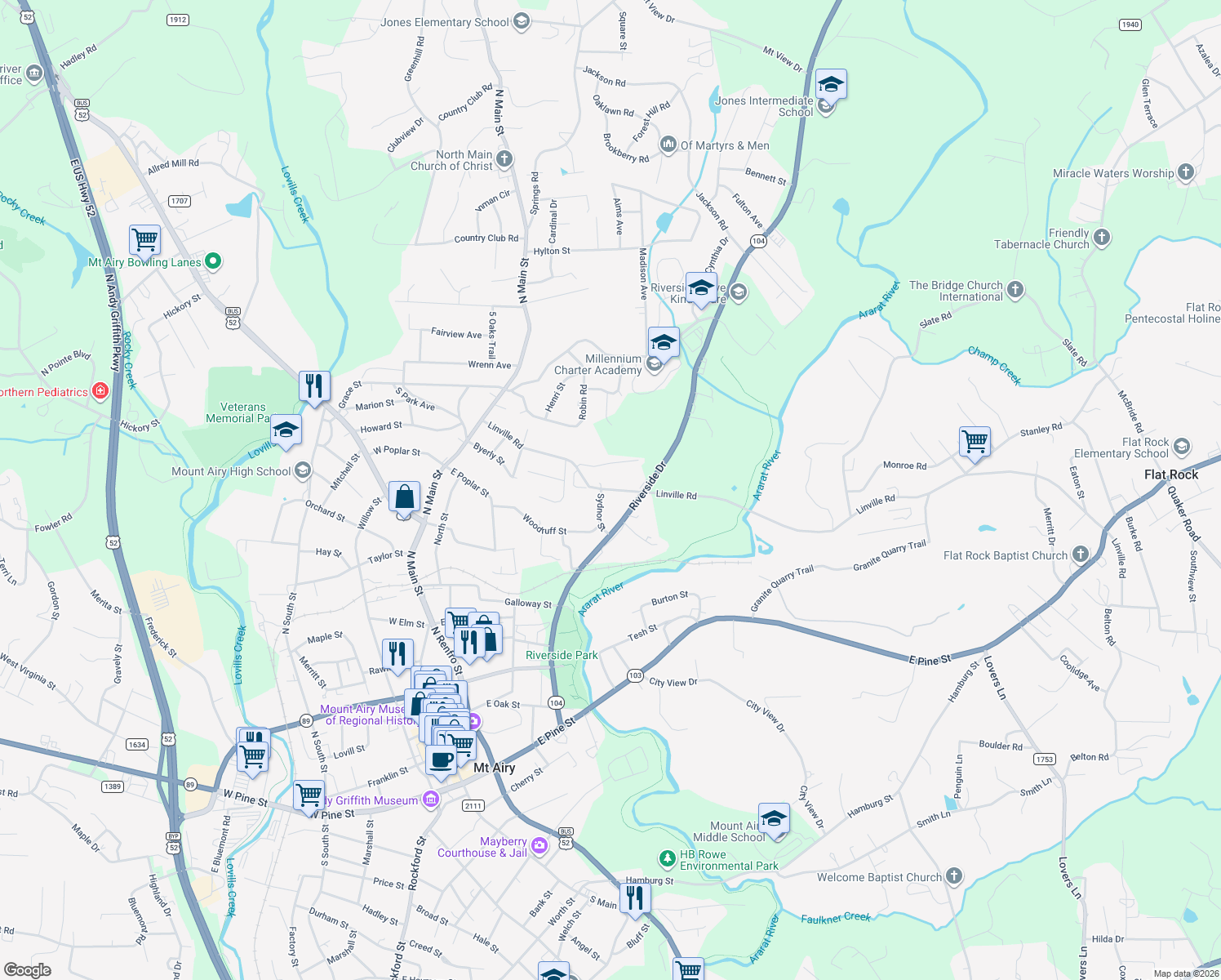 map of restaurants, bars, coffee shops, grocery stores, and more near 502 Linville Road in Mount Airy