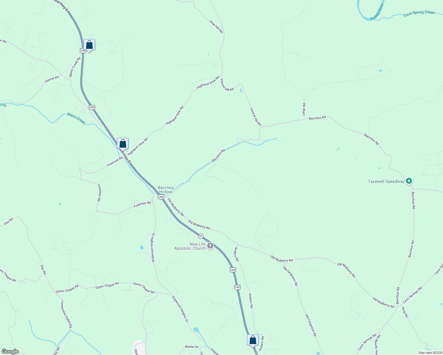 map of restaurants, bars, coffee shops, grocery stores, and more near 174-698 Ponderosa Lane in Tazewell