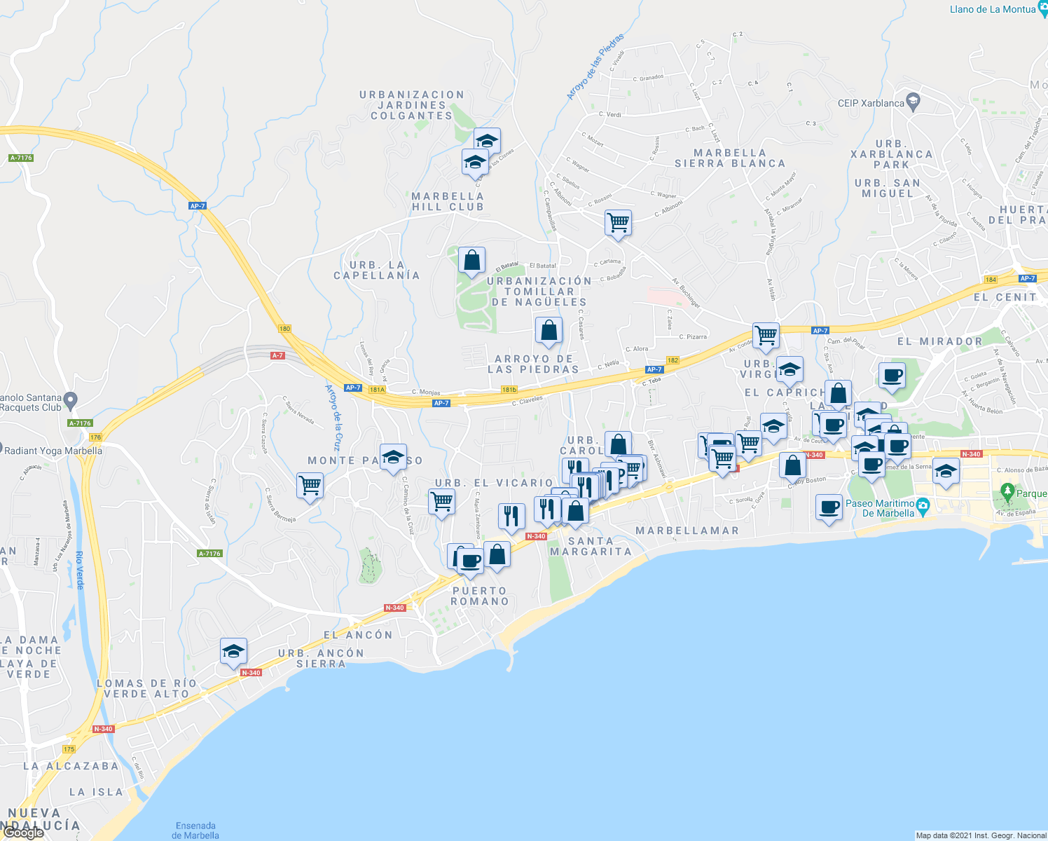 map of restaurants, bars, coffee shops, grocery stores, and more near 1 Calle Virgen de la Antigua in Marbella