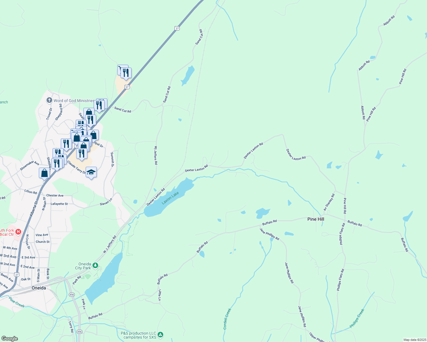 map of restaurants, bars, coffee shops, grocery stores, and more near 820 Dexter Laxton Road in Oneida