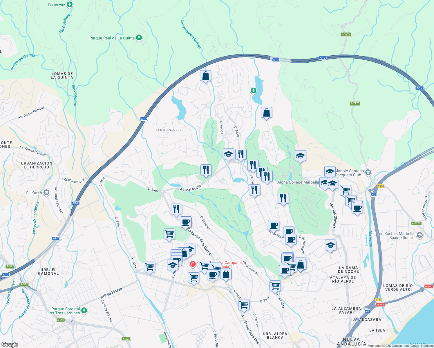 map of restaurants, bars, coffee shops, grocery stores, and more near 46 Avenida del Prado in Marbella