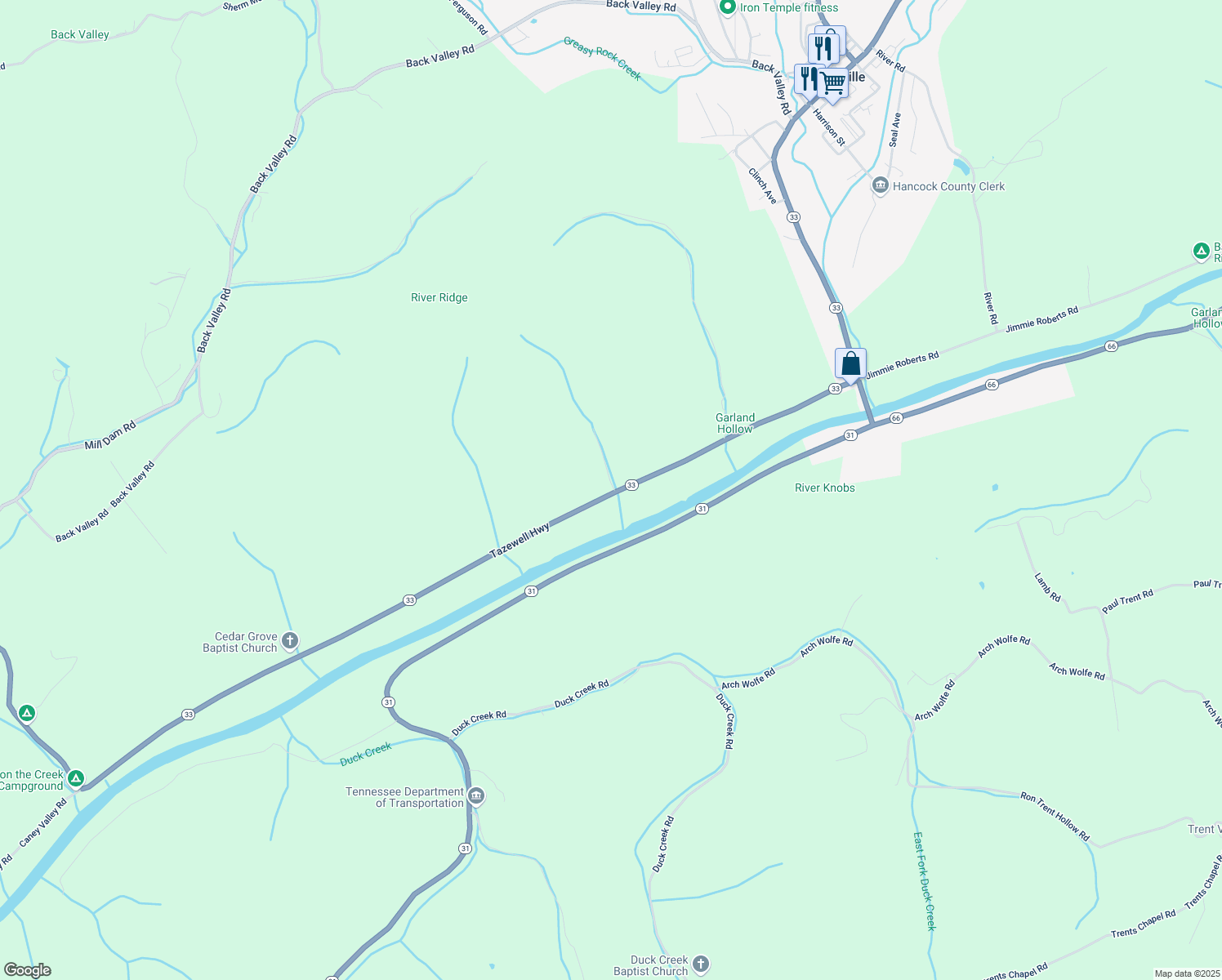 map of restaurants, bars, coffee shops, grocery stores, and more near 888 Tazewell Highway in Sneedville
