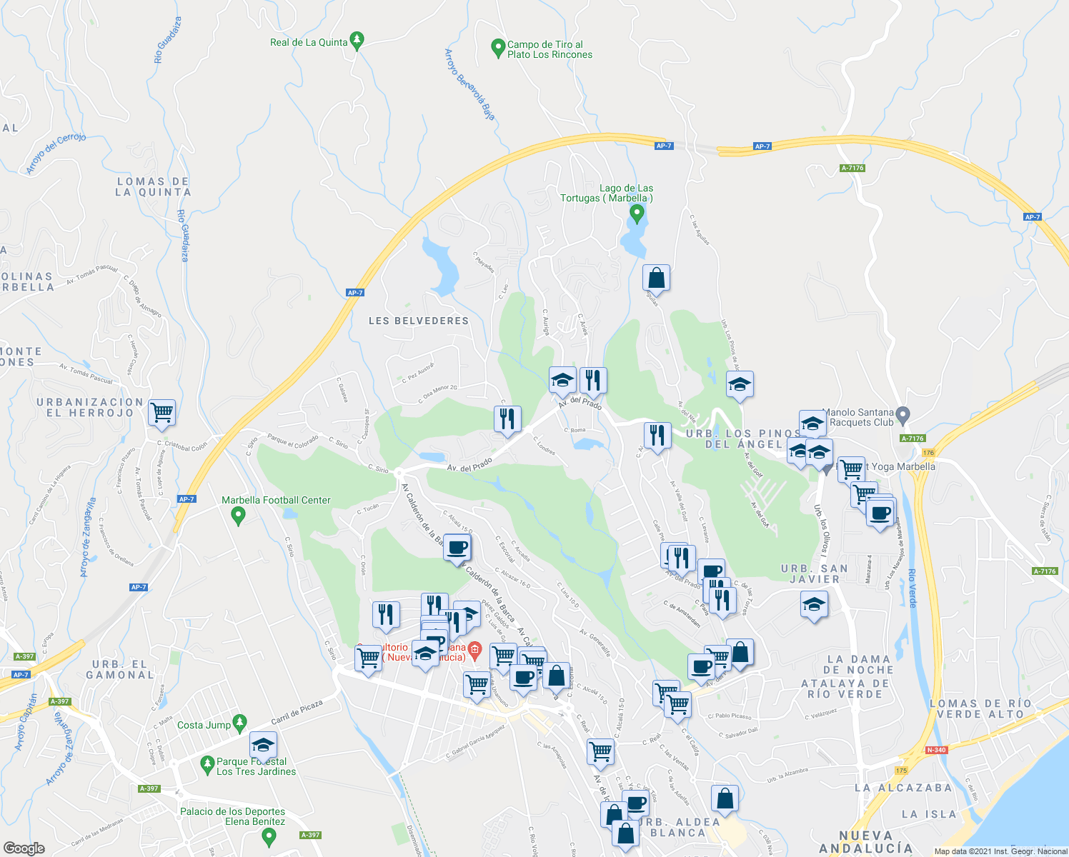 map of restaurants, bars, coffee shops, grocery stores, and more near 46 Avenida del Prado in Marbella