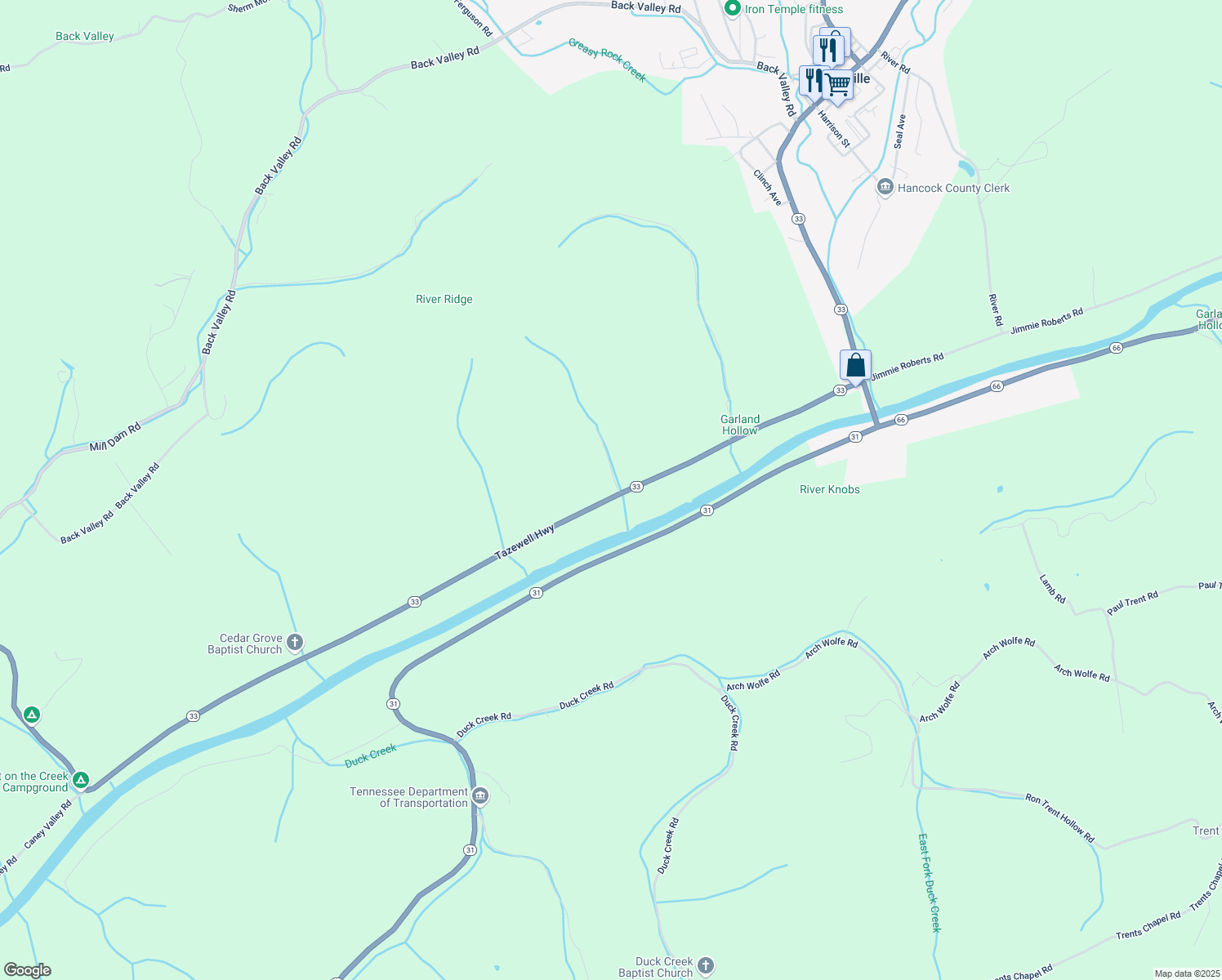 map of restaurants, bars, coffee shops, grocery stores, and more near 888 Tazewell Highway in Sneedville