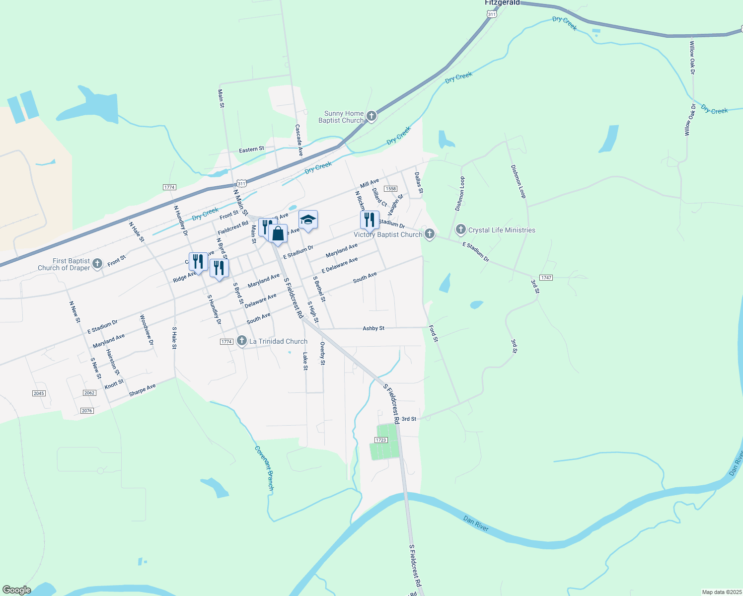 map of restaurants, bars, coffee shops, grocery stores, and more near 323 Shannon Drive in Eden