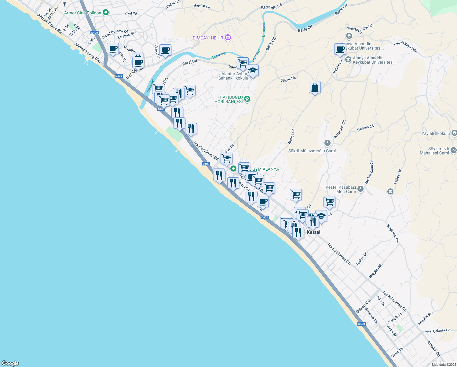 map of restaurants, bars, coffee shops, grocery stores, and more near Mevlana Sokak in Alanya