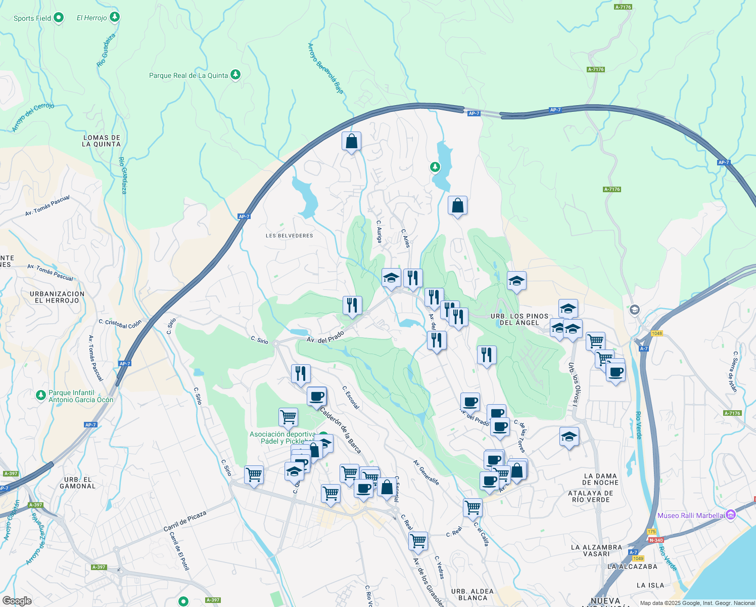 map of restaurants, bars, coffee shops, grocery stores, and more near 48 Avenida del Prado in Marbella
