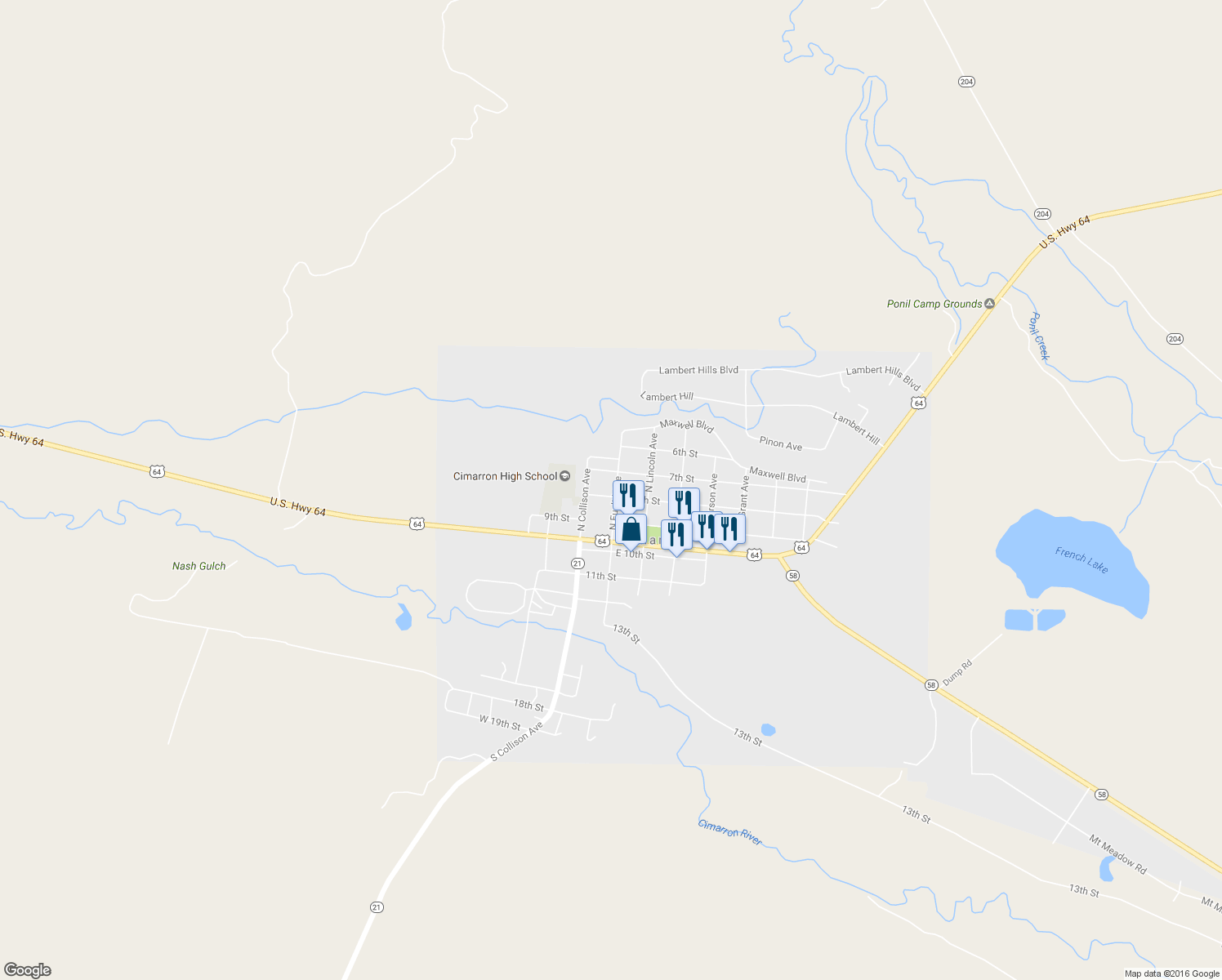 map of restaurants, bars, coffee shops, grocery stores, and more near 321 North Euclid Avenue in Cimarron