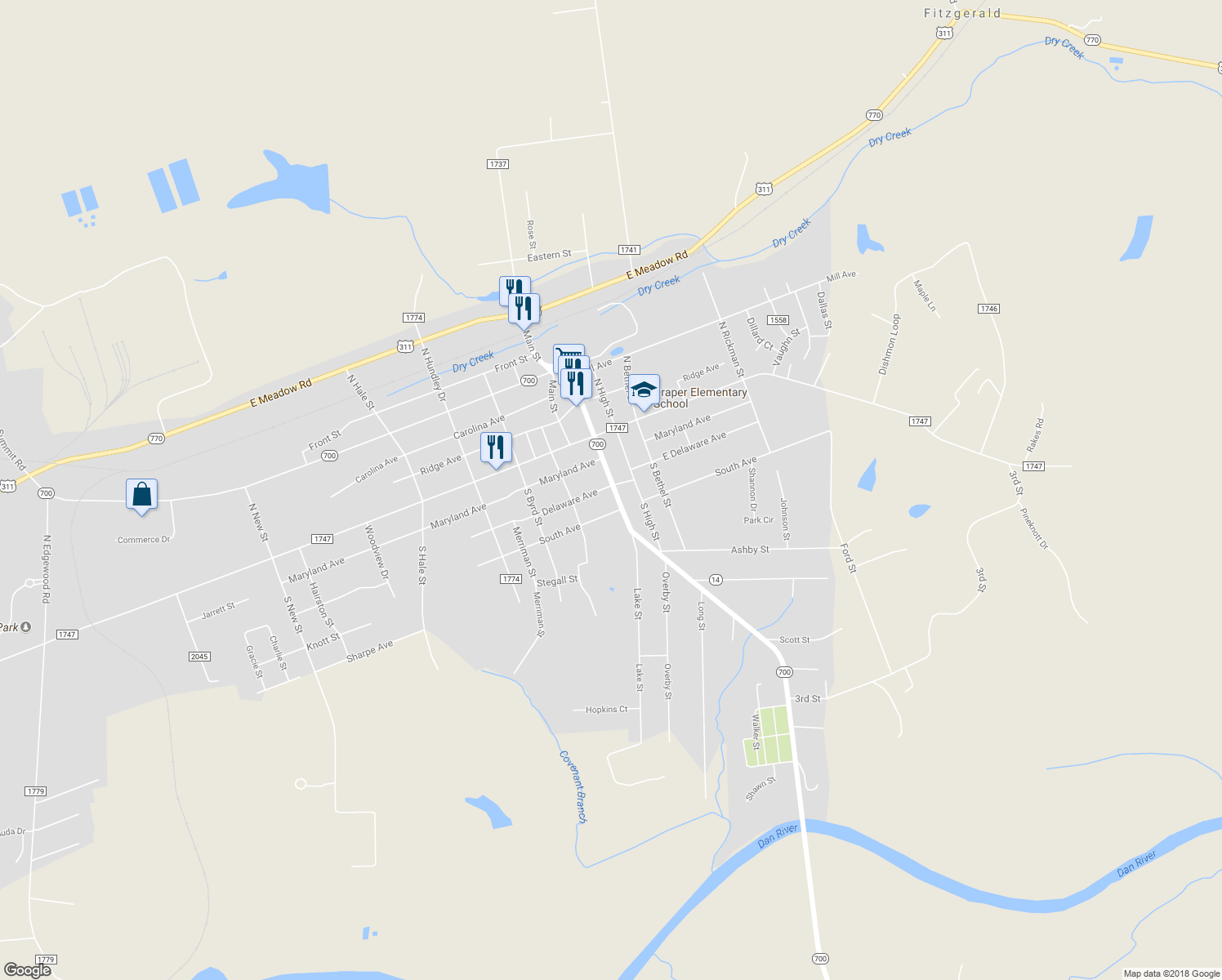 map of restaurants, bars, coffee shops, grocery stores, and more near 203 South Fieldcrest Road in Eden