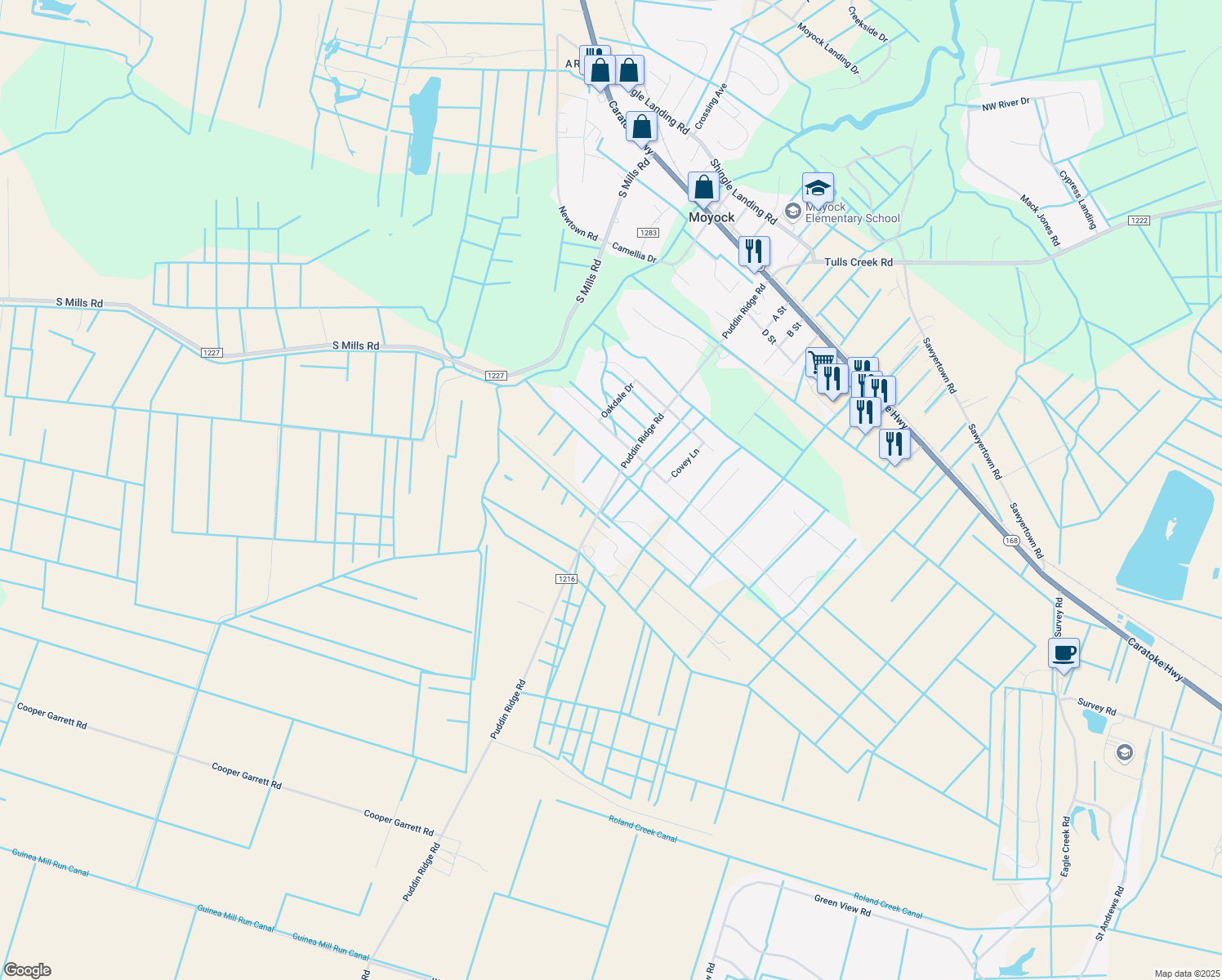 map of restaurants, bars, coffee shops, grocery stores, and more near 291 Puddin Ridge Rd in Currituck
