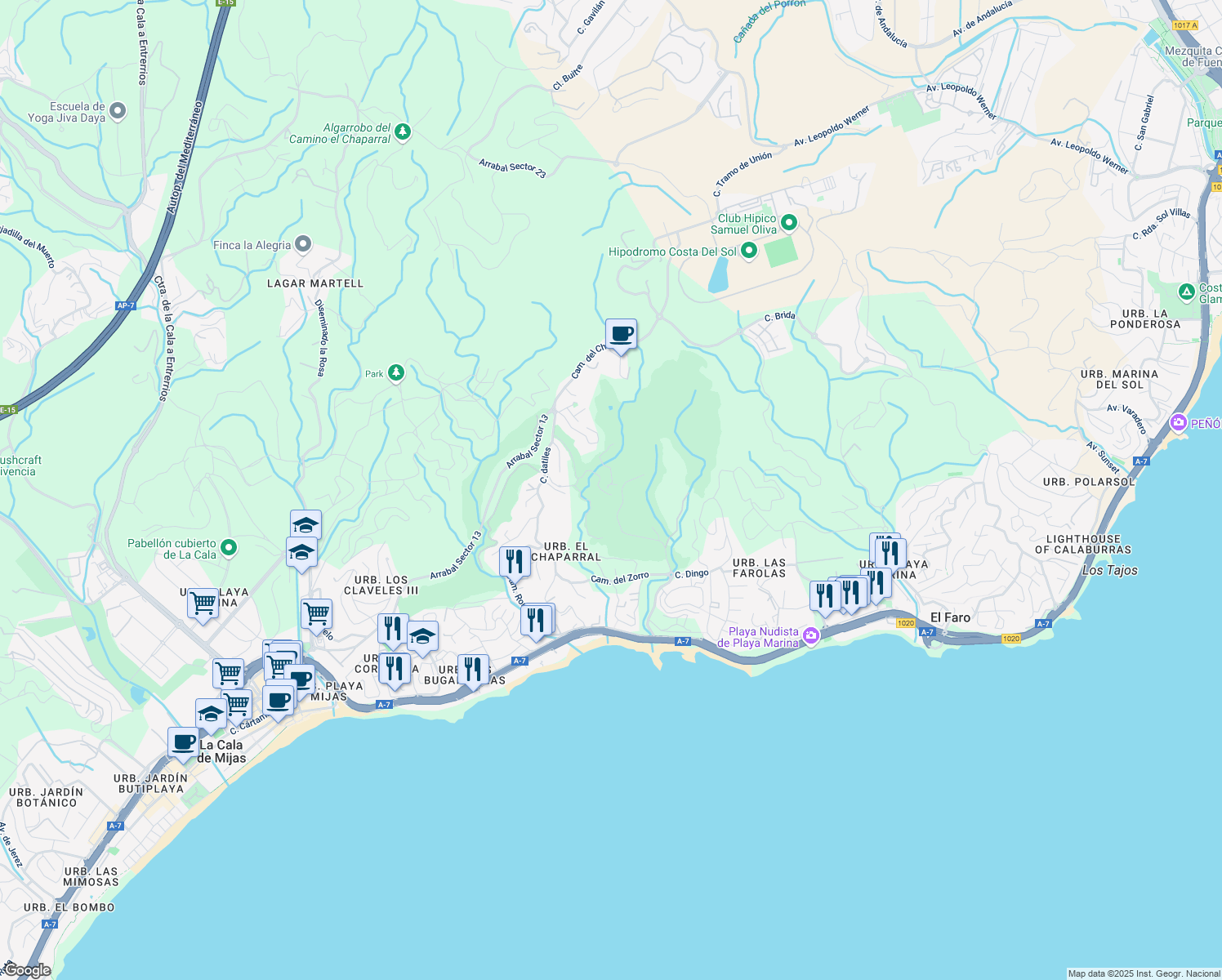 map of restaurants, bars, coffee shops, grocery stores, and more near 10 Avenida Carmen Werner in Las Lagunas de Mijas