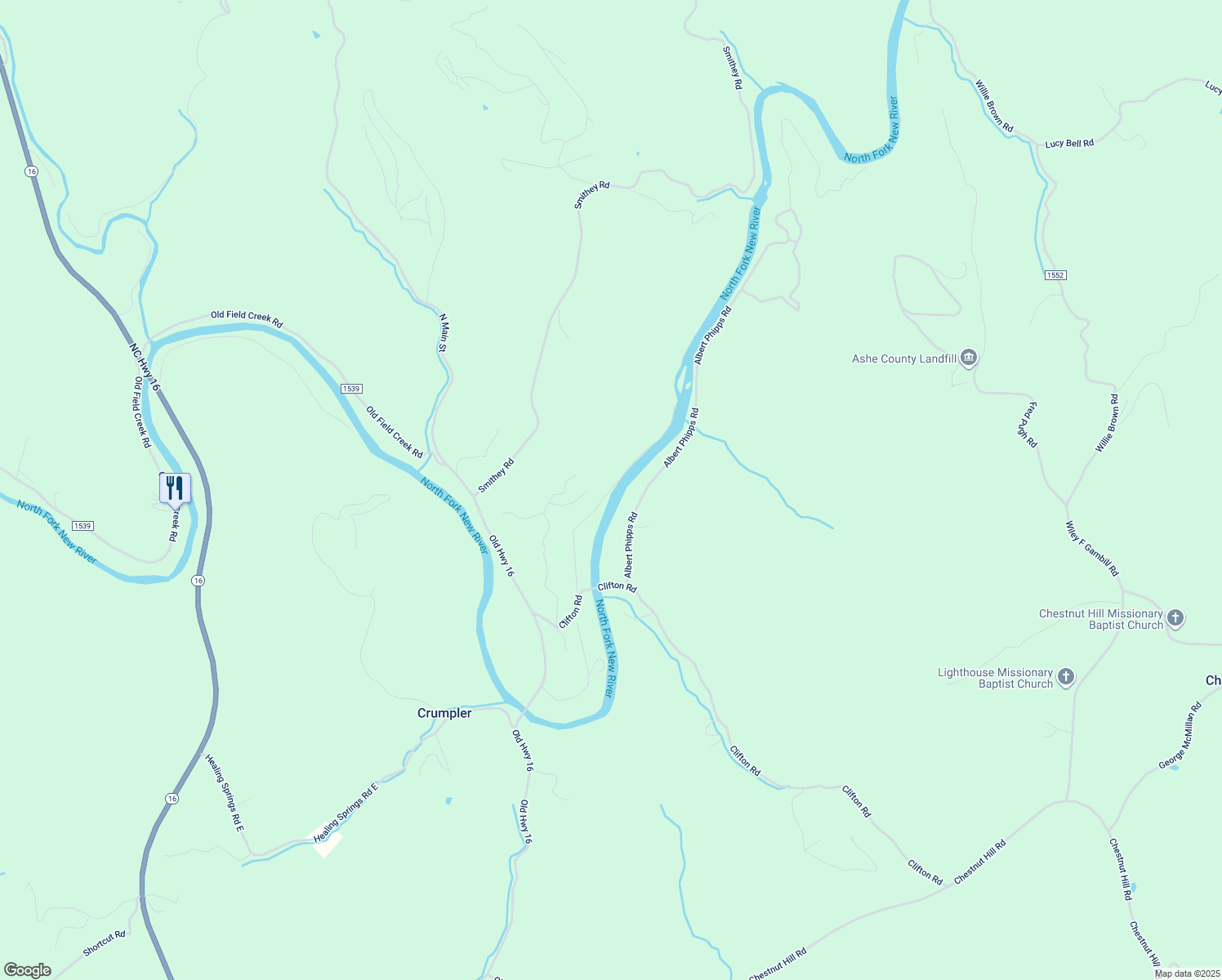 map of restaurants, bars, coffee shops, grocery stores, and more near Riverside Lane in Ashe County
