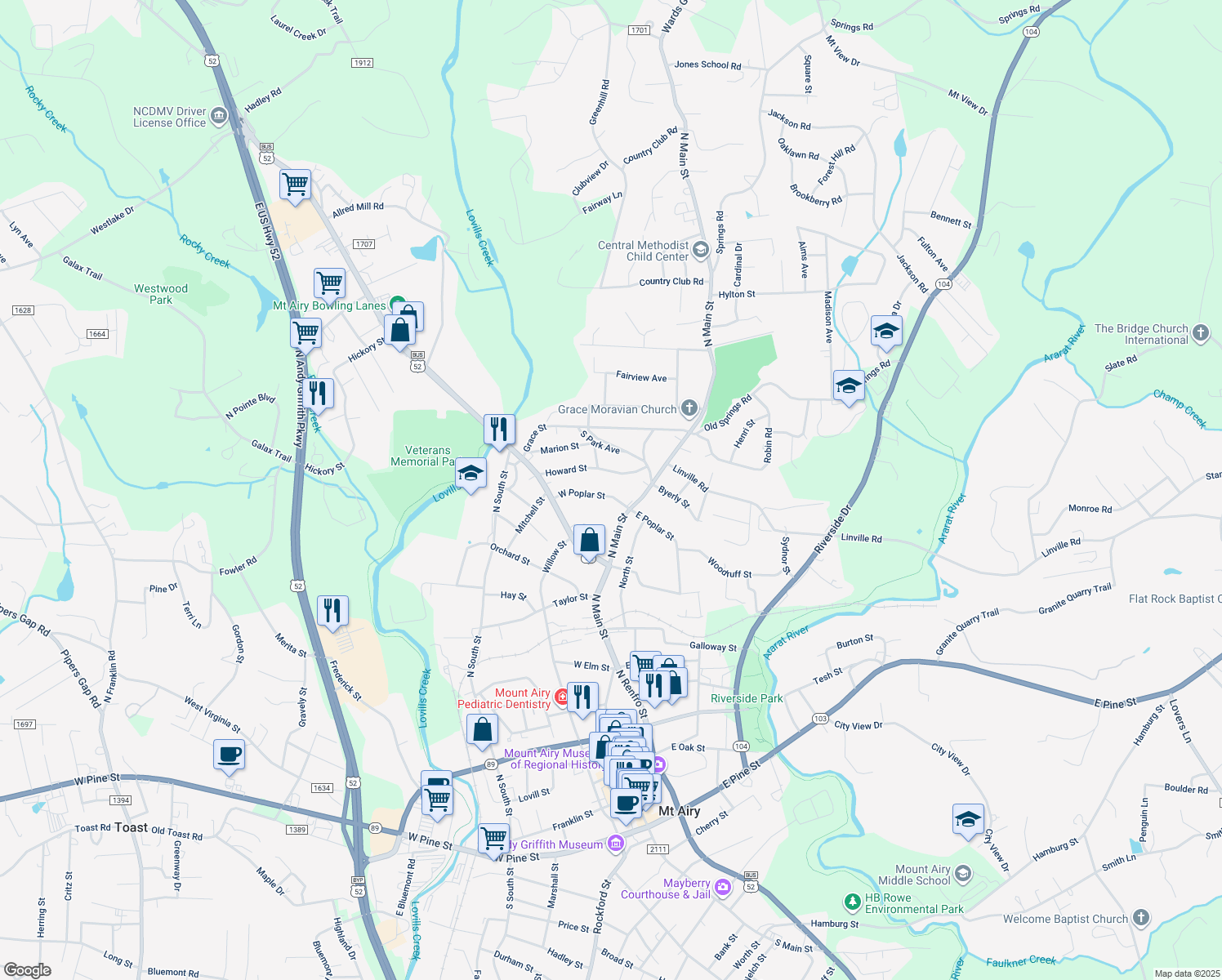 map of restaurants, bars, coffee shops, grocery stores, and more near 124 West Poplar Street in Mount Airy
