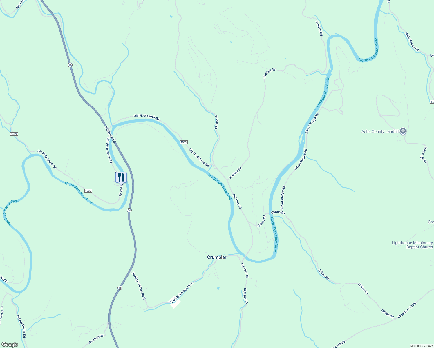 map of restaurants, bars, coffee shops, grocery stores, and more near 121 Old Field Creek Road in Grassy Creek