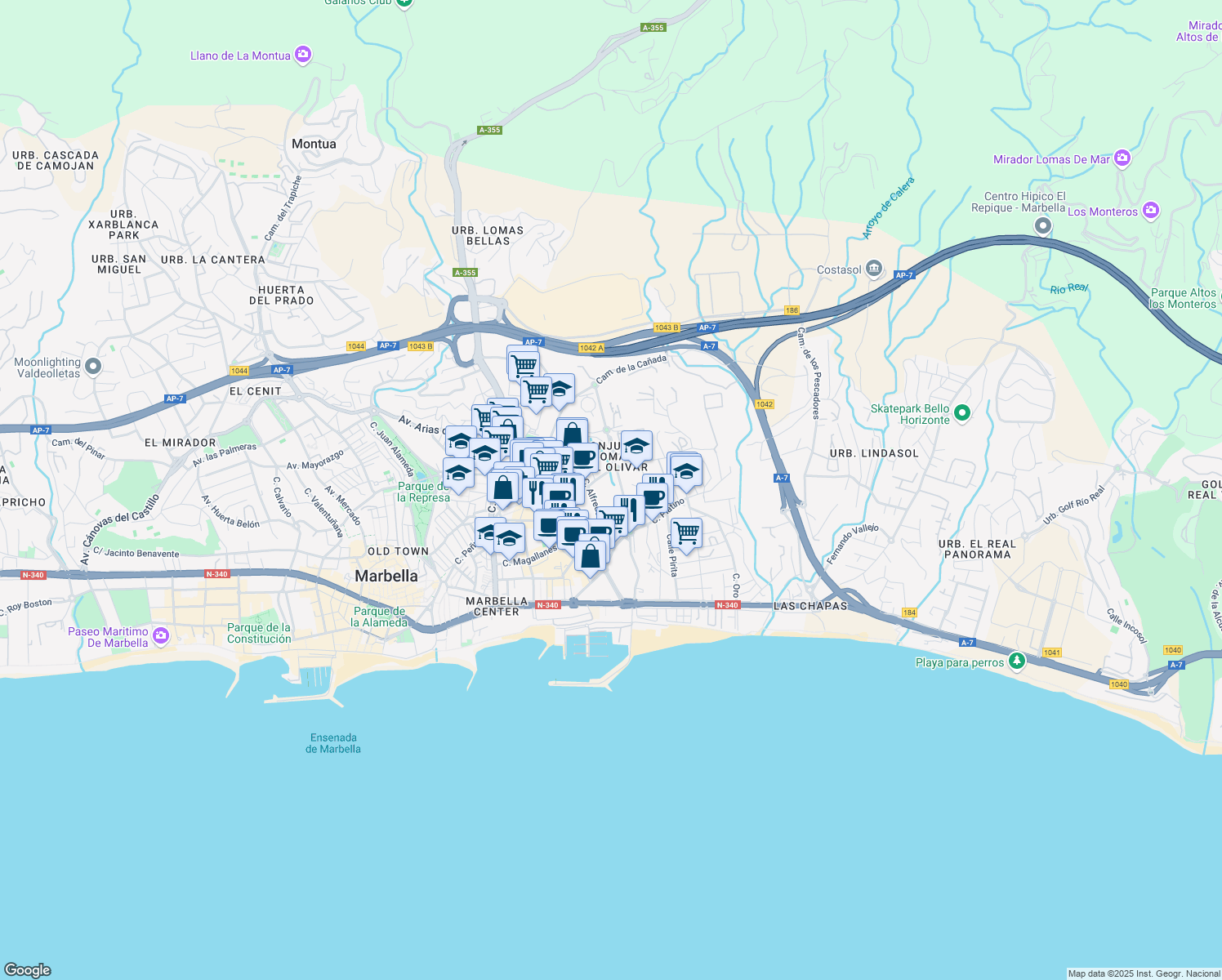 map of restaurants, bars, coffee shops, grocery stores, and more near 10 Calle José Iturbi in Marbella