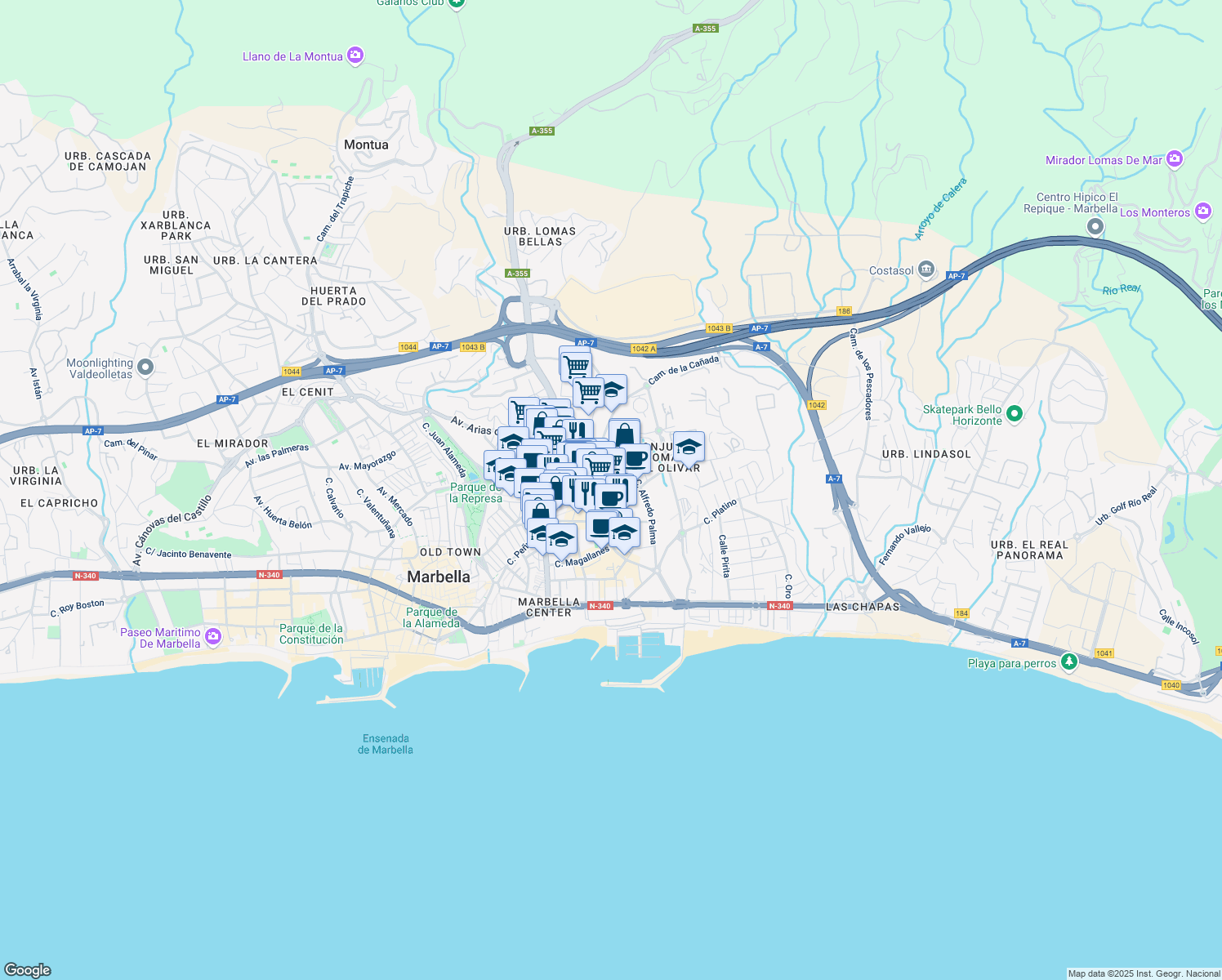 map of restaurants, bars, coffee shops, grocery stores, and more near in Marbella