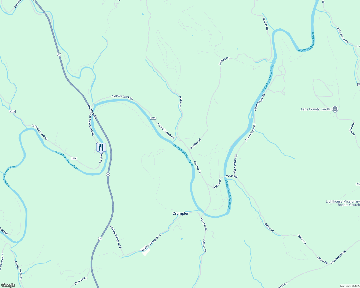 map of restaurants, bars, coffee shops, grocery stores, and more near 121 Old Field Creek Road in Grassy Creek