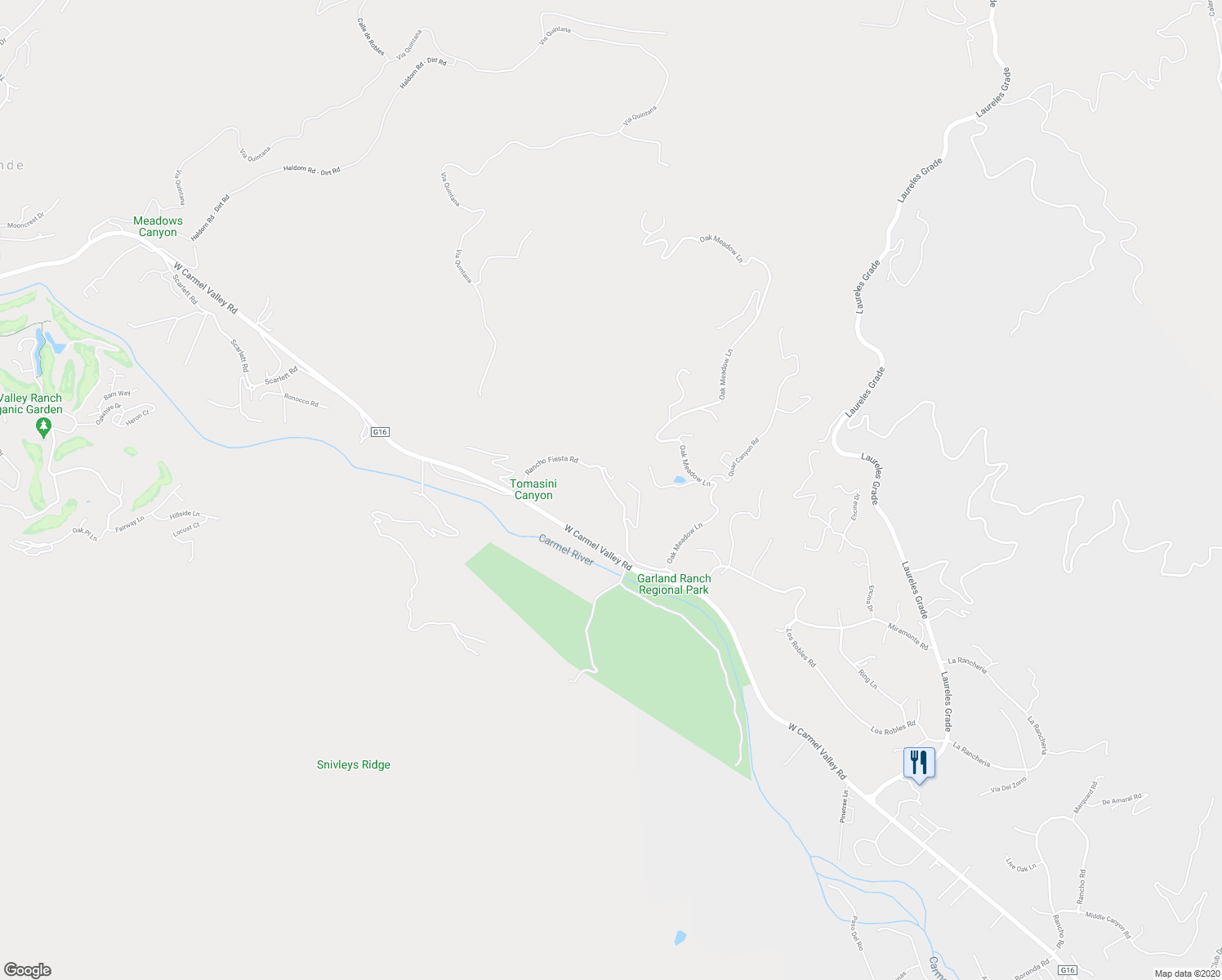 map of restaurants, bars, coffee shops, grocery stores, and more near 11581 Rancho Fiesta Road in Carmel Valley