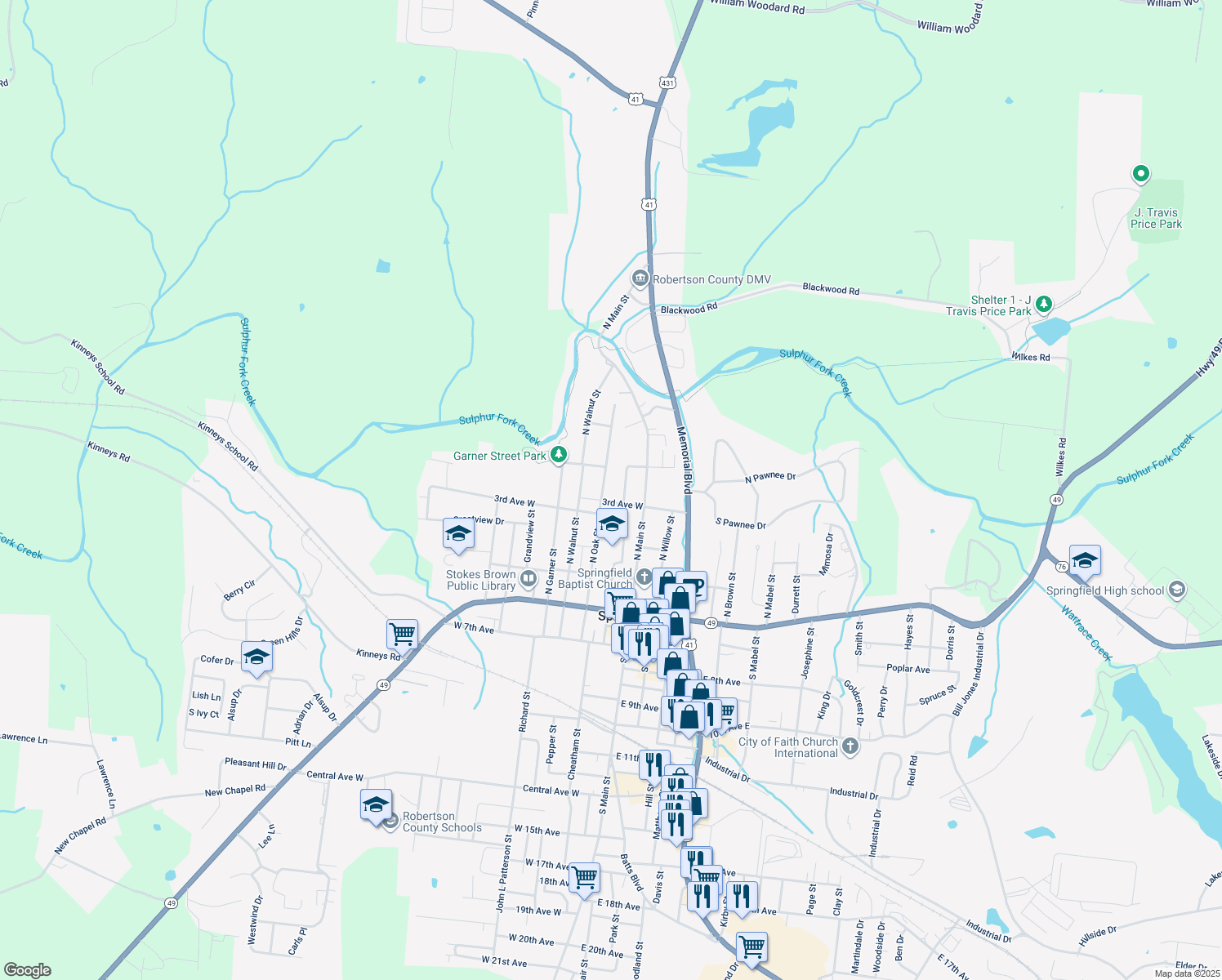 map of restaurants, bars, coffee shops, grocery stores, and more near 212 North Oak Street in Springfield