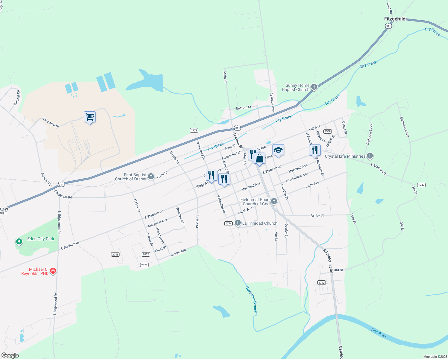 map of restaurants, bars, coffee shops, grocery stores, and more near 1308 Ridge Avenue in Eden