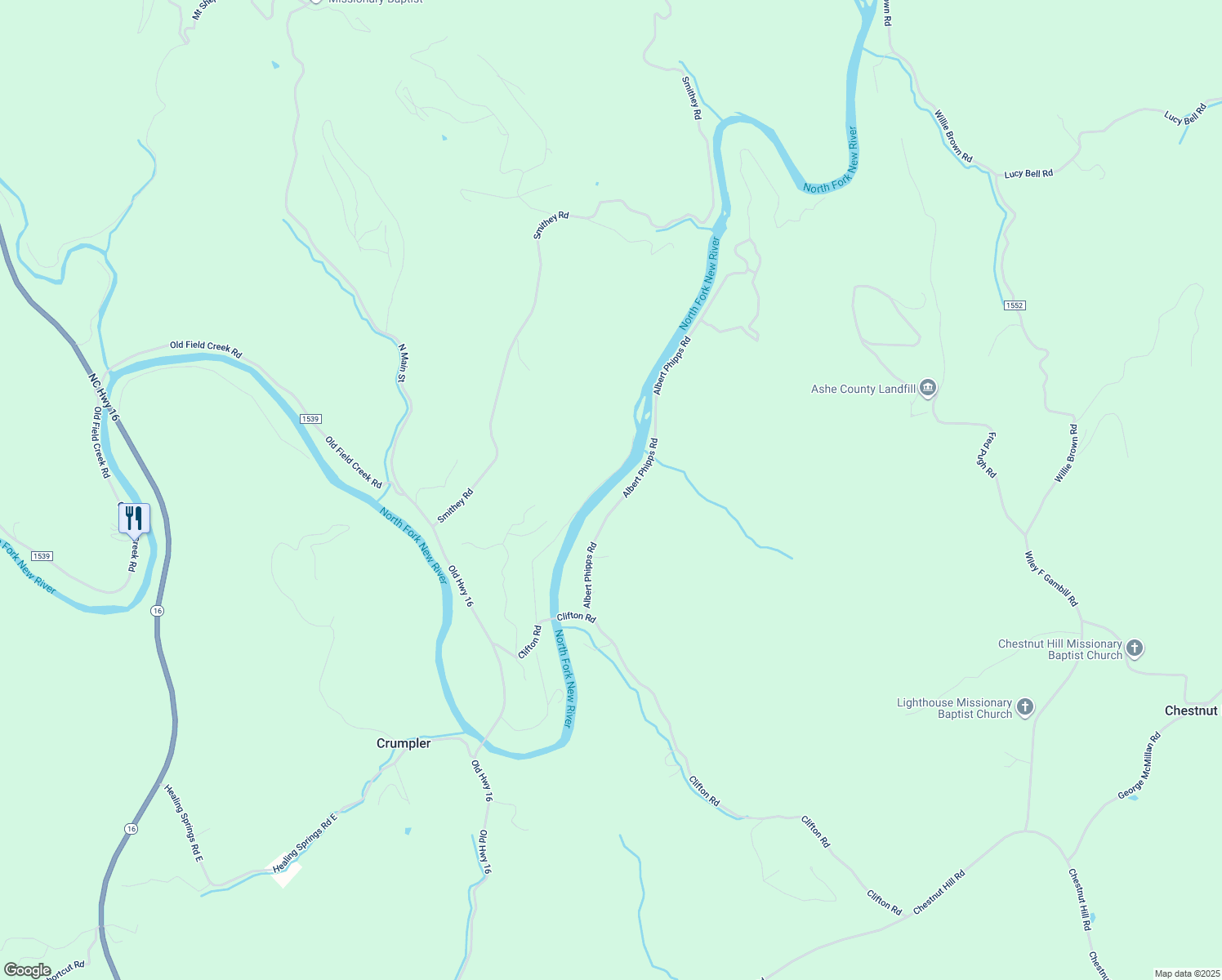 map of restaurants, bars, coffee shops, grocery stores, and more near 520 Albert Phipps Road in Crumpler