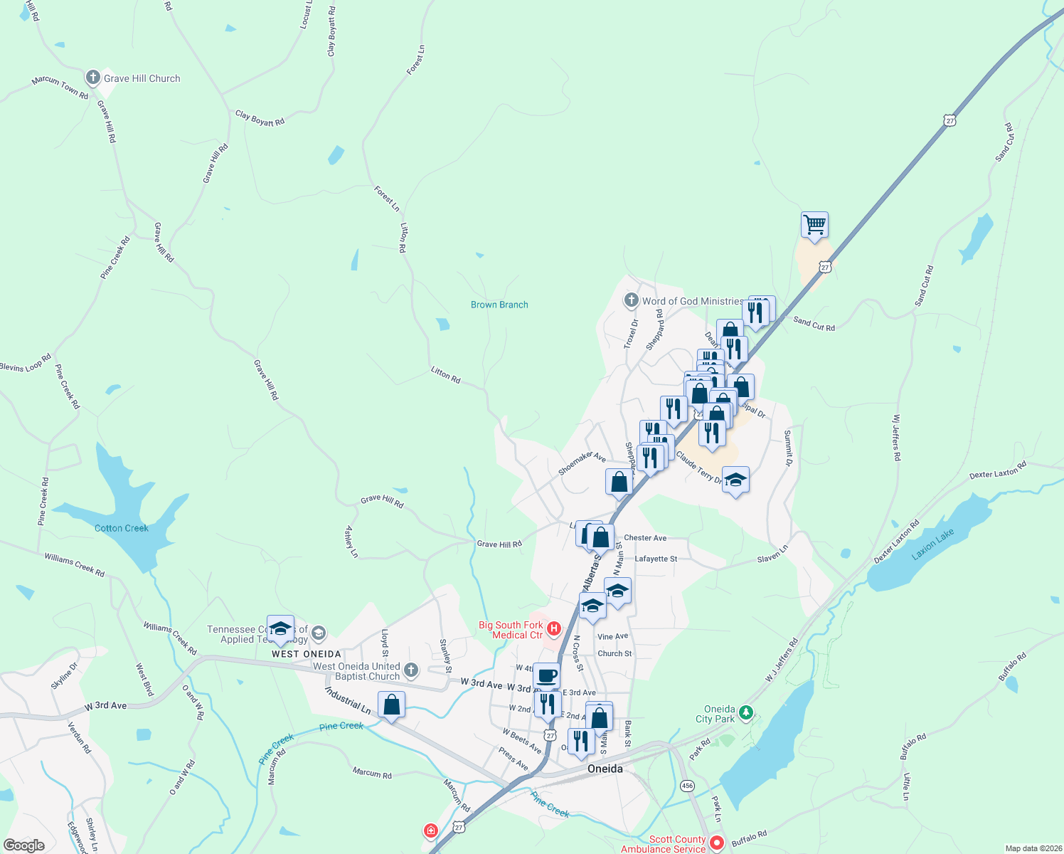 map of restaurants, bars, coffee shops, grocery stores, and more near 610 Litton Rd in Oneida