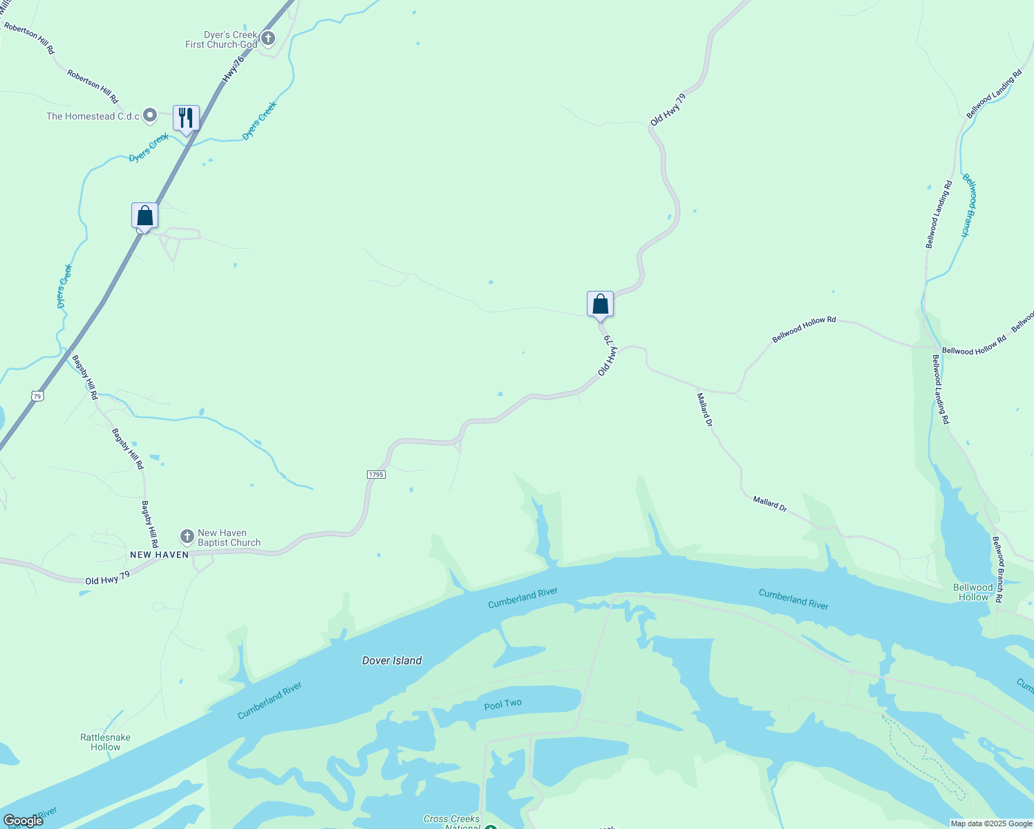 map of restaurants, bars, coffee shops, grocery stores, and more near 788 Old Highway 79 in Dover