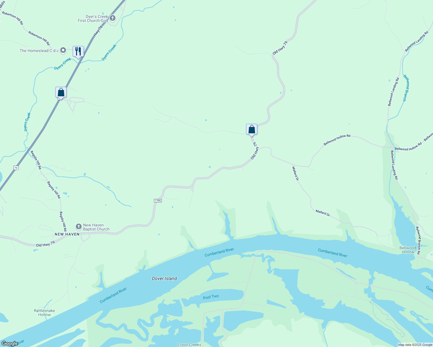 map of restaurants, bars, coffee shops, grocery stores, and more near 788 Old Highway 79 in Dover