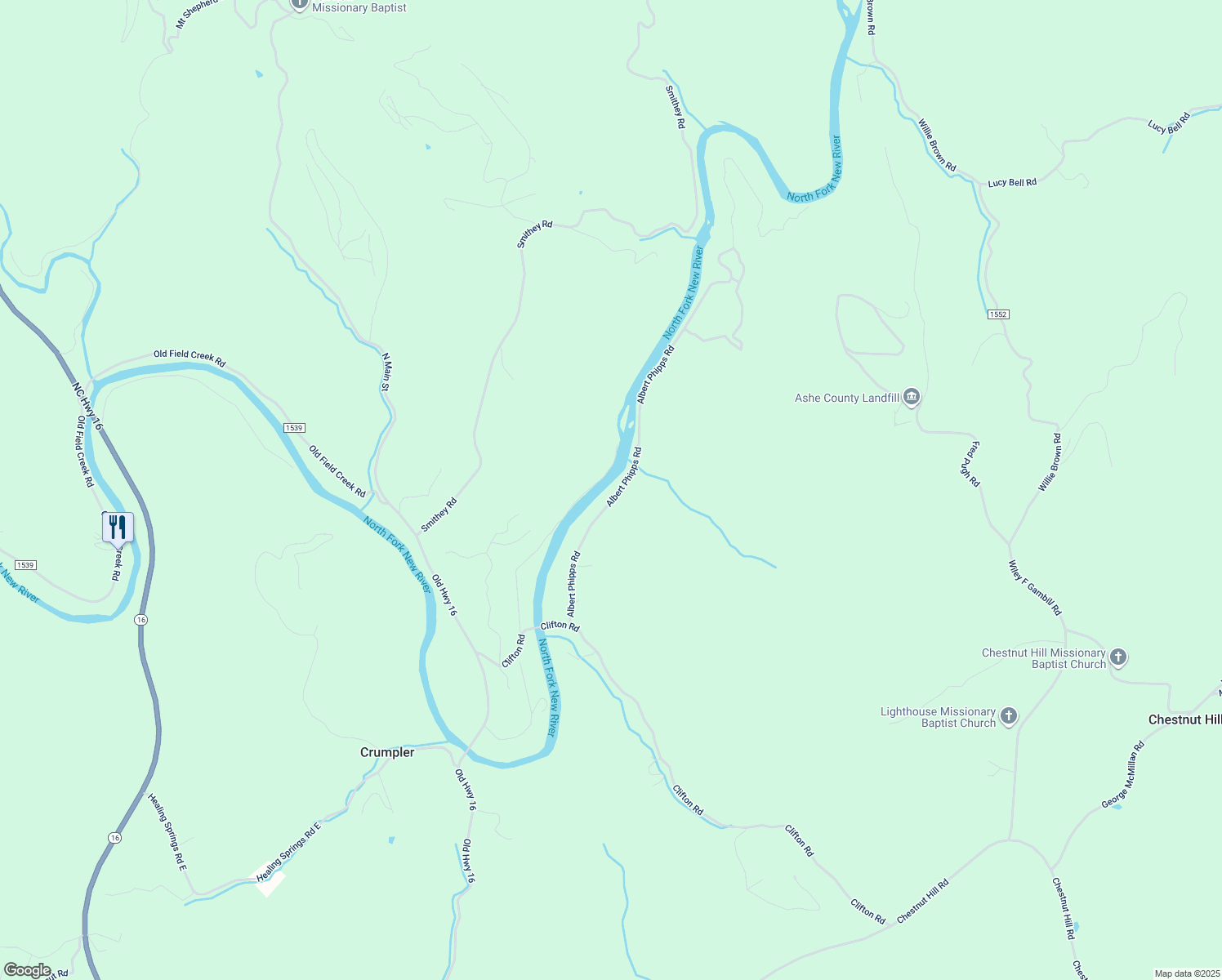 map of restaurants, bars, coffee shops, grocery stores, and more near 573 Albert Phipps Road in Crumpler