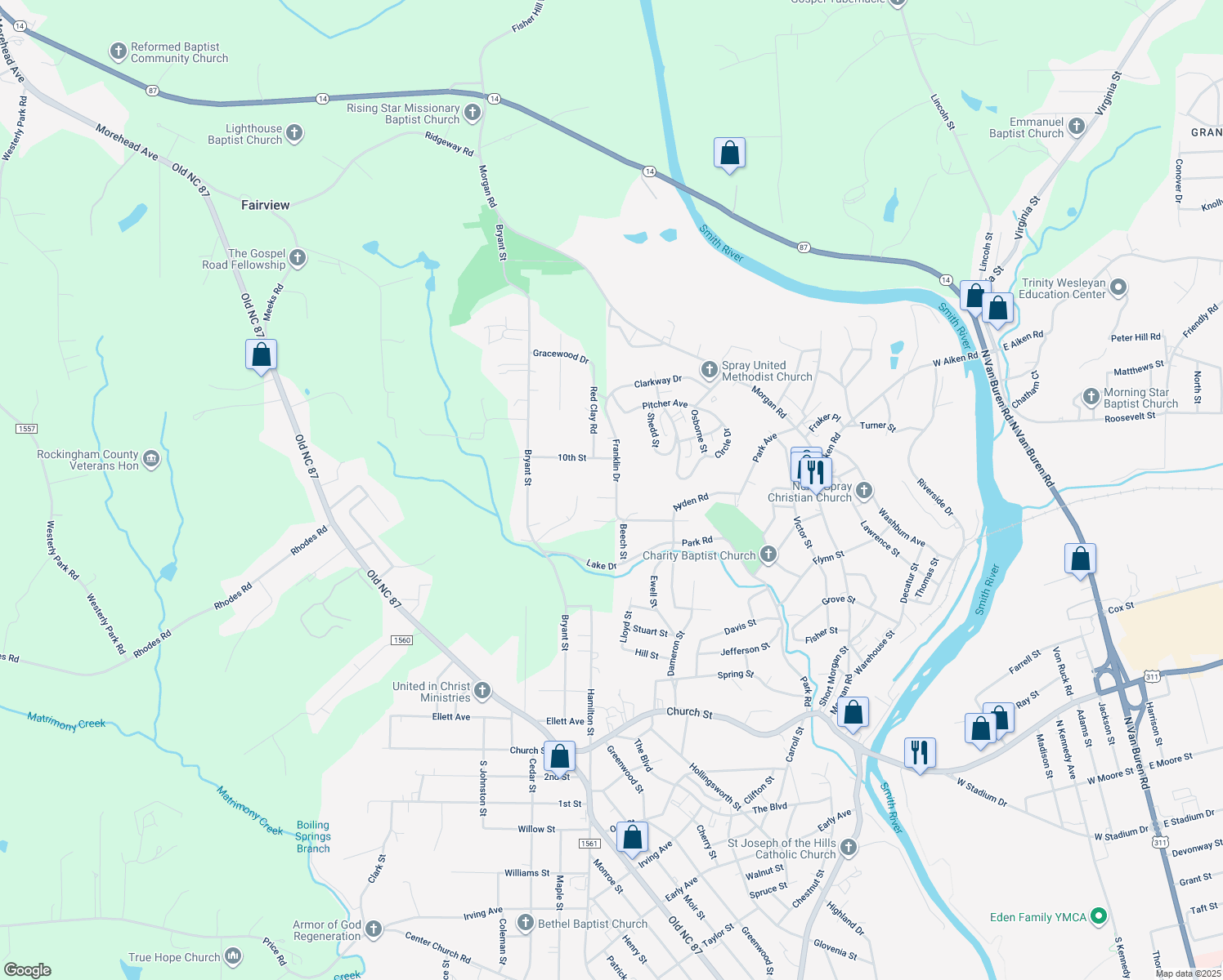 map of restaurants, bars, coffee shops, grocery stores, and more near 519 Franklin Drive in Eden