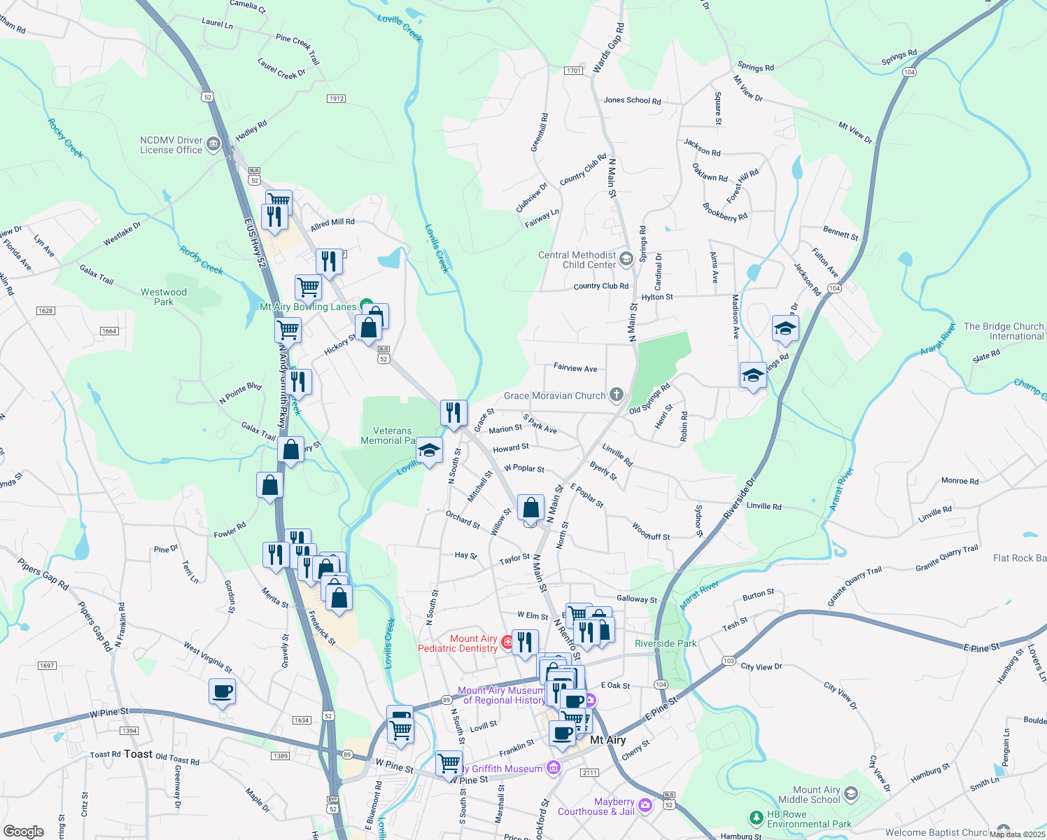 map of restaurants, bars, coffee shops, grocery stores, and more near 305 South Park Avenue in Mount Airy