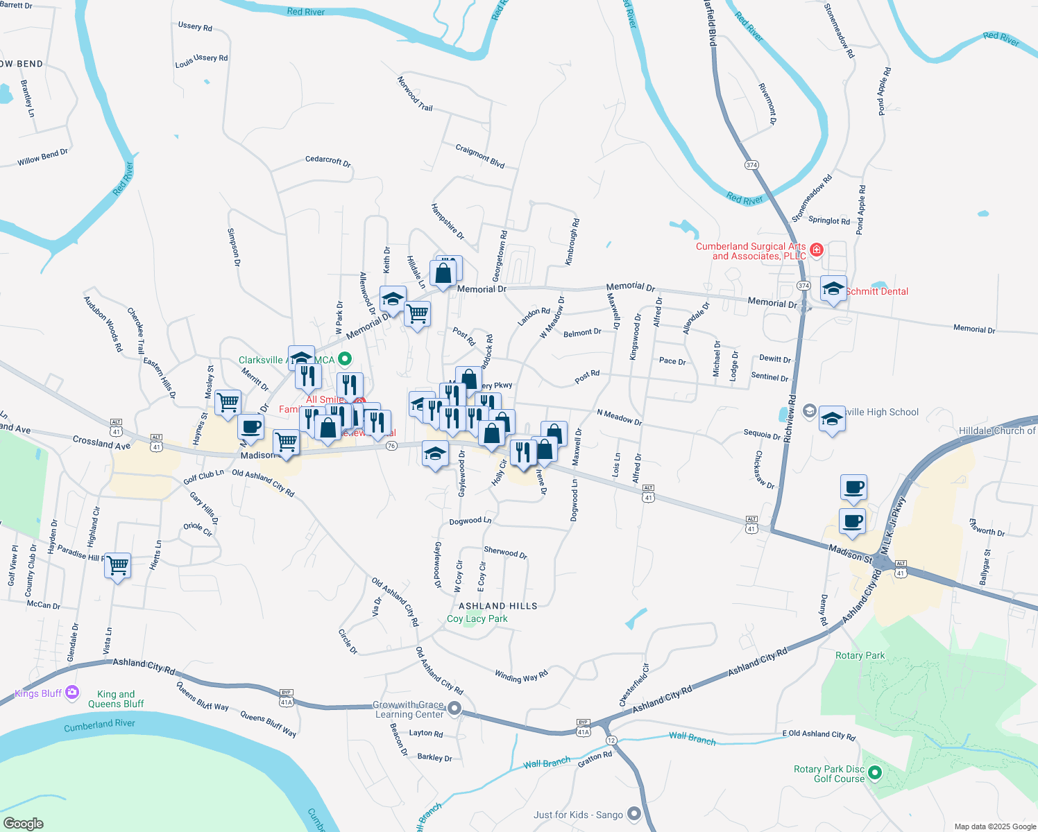 map of restaurants, bars, coffee shops, grocery stores, and more near 118 West Meadow Drive in Clarksville
