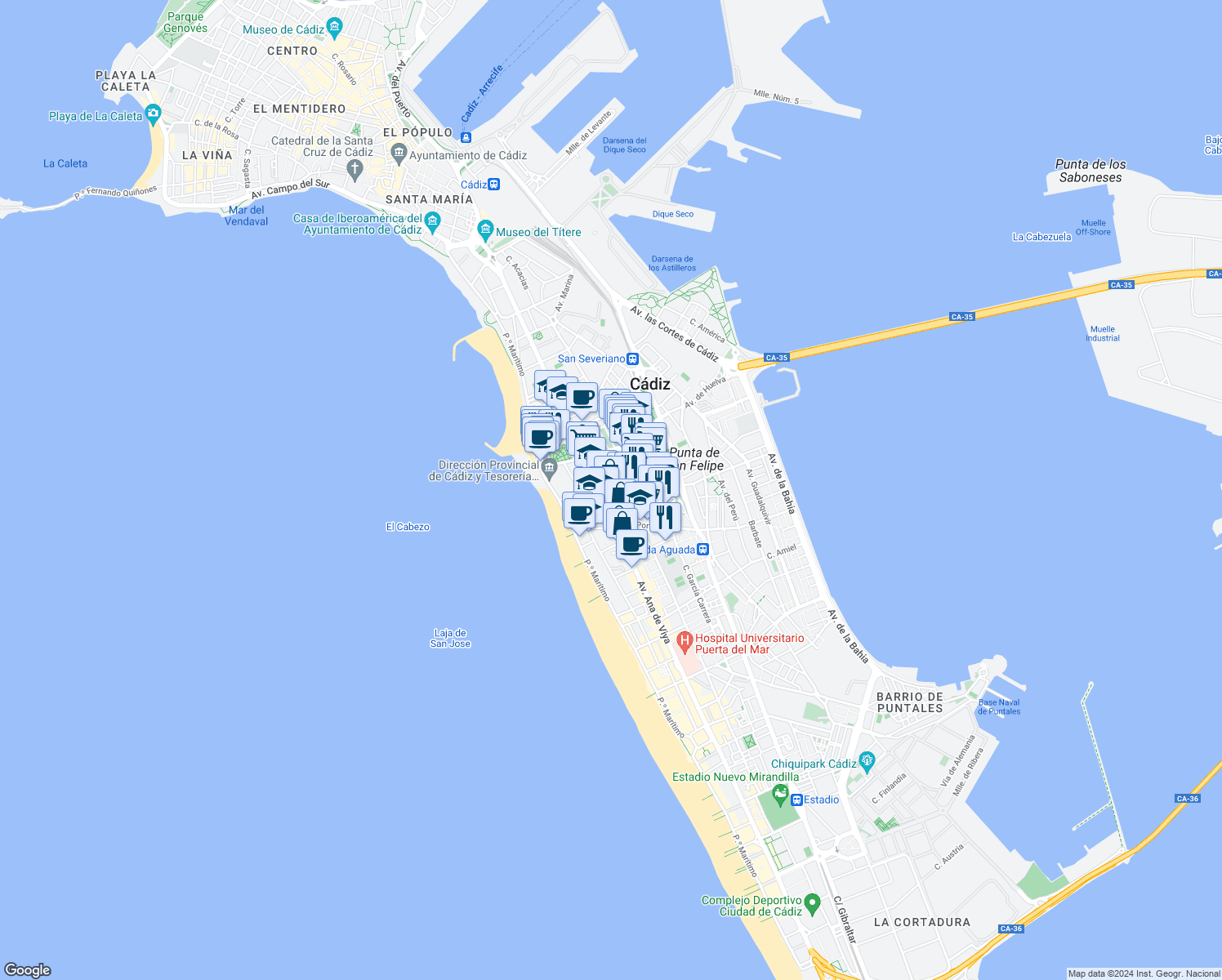 map of restaurants, bars, coffee shops, grocery stores, and more near 2 Calle Huerta del Obispo in Cádiz
