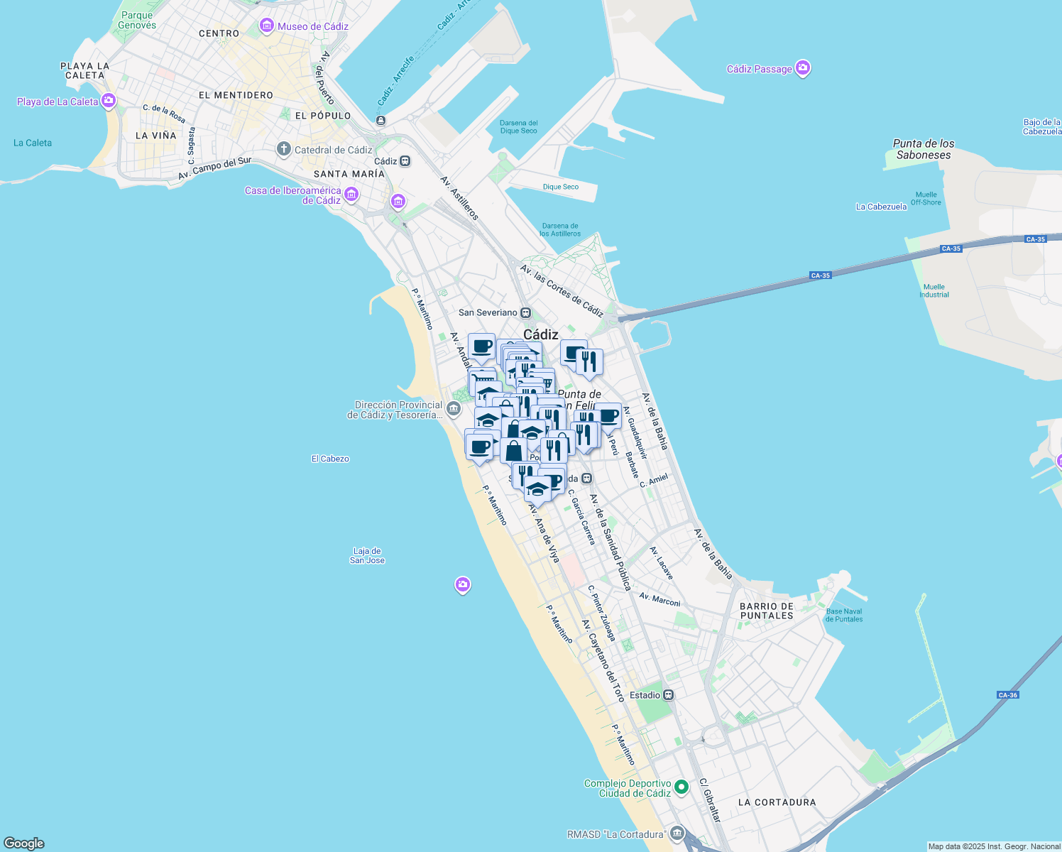 map of restaurants, bars, coffee shops, grocery stores, and more near 14D Calle Parlamento in Cádiz