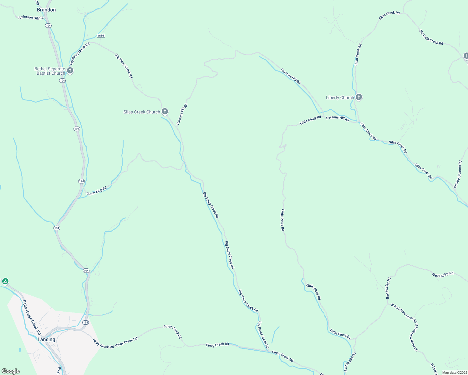 map of restaurants, bars, coffee shops, grocery stores, and more near 2403 Big Piney Creek Road in Lansing