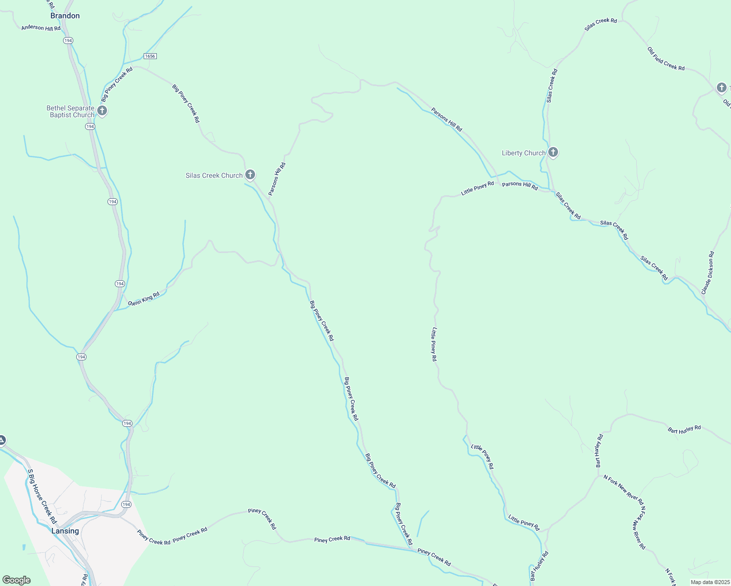 map of restaurants, bars, coffee shops, grocery stores, and more near 2403 Big Piney Creek Road in Lansing